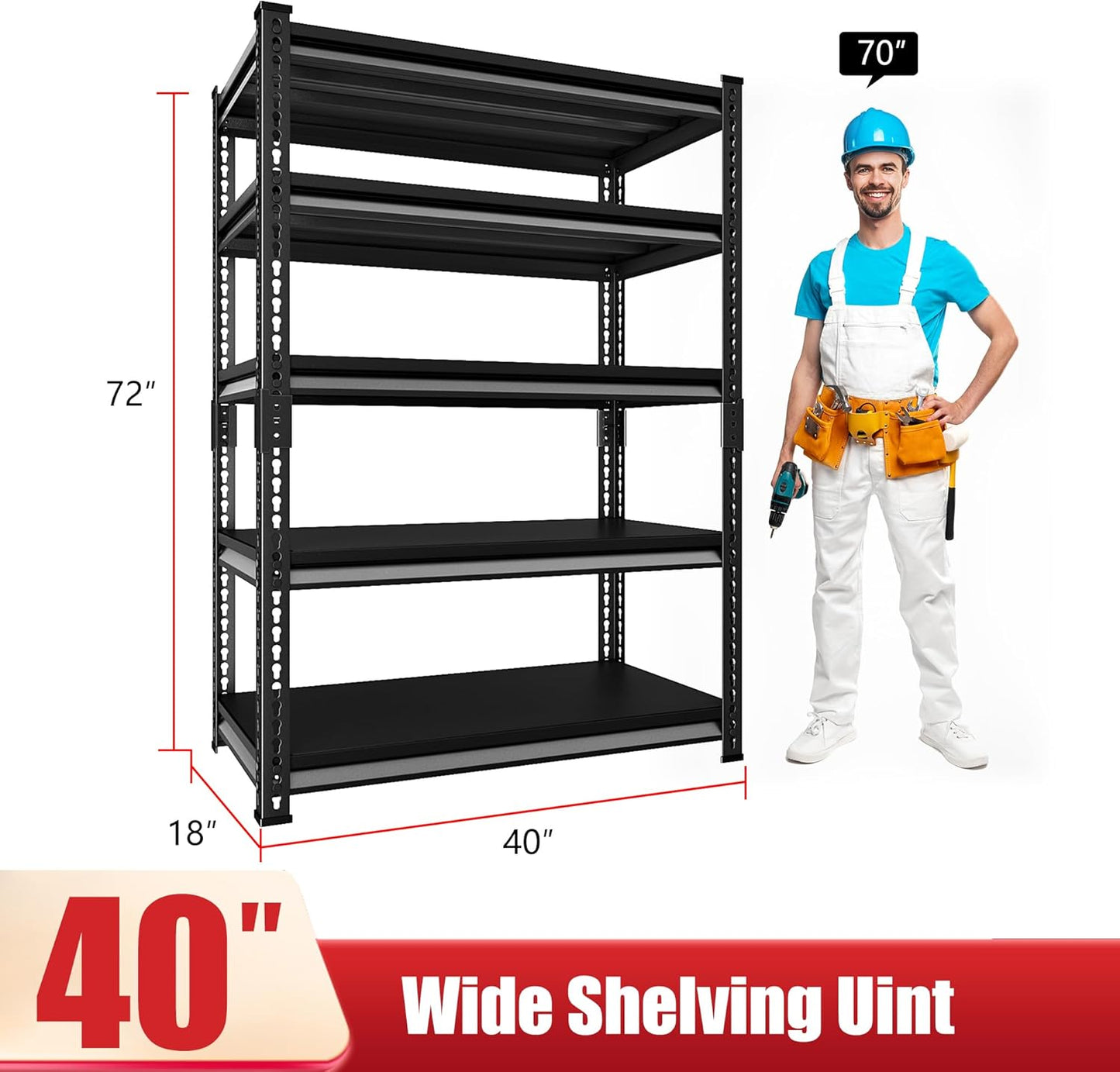 40" W Garage Shelving Heavy Duty, 2200 Lbs Loads Garage Storage Shelves Heavy Duty, 5-Tier Metal Shelving Units and Storage for Basement, Retiple Tanks,40" Wx18 Dx72 H, Black