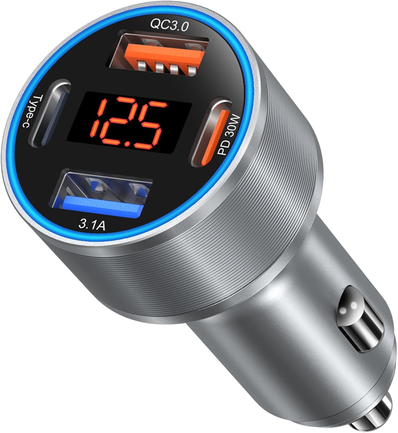 Car Charger USB C, 65W Dual 12V Cigarette Lighter USB Car Adapter with Voltage Display Multi Port PD/QC 3.0 Super Fast Charging Car Phone Charger for iPhone 16 15 14 13 12 Pro,Tablet,Android(Gray)