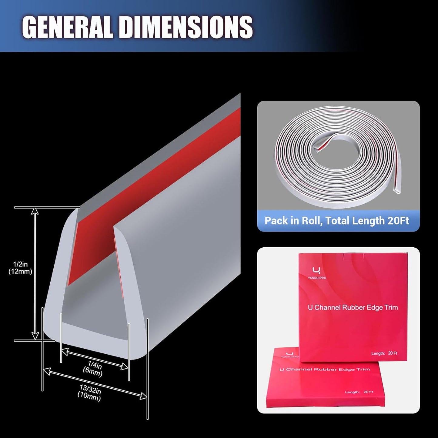 Rubber Edge Trim, Flexible Edge Trim for Sharp Edge, 1/4" U Channel Edge Protector, Self Adhesive Edge Guards for Plywood, Glass, Flexiglass and Sheet Metal Parts, 20Ft, Grey Color