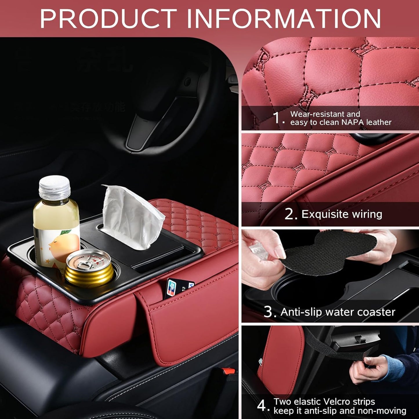 5 in 1 Car Armrest Storage Box for Center Console, Armrest Cushion Cover for Car with 2 Cup Holders Storage Bags, Tissue Box, Phone Slot, Premium Memory Foam with Nappa Leather, 14.2*7.9*2.8in (Red)