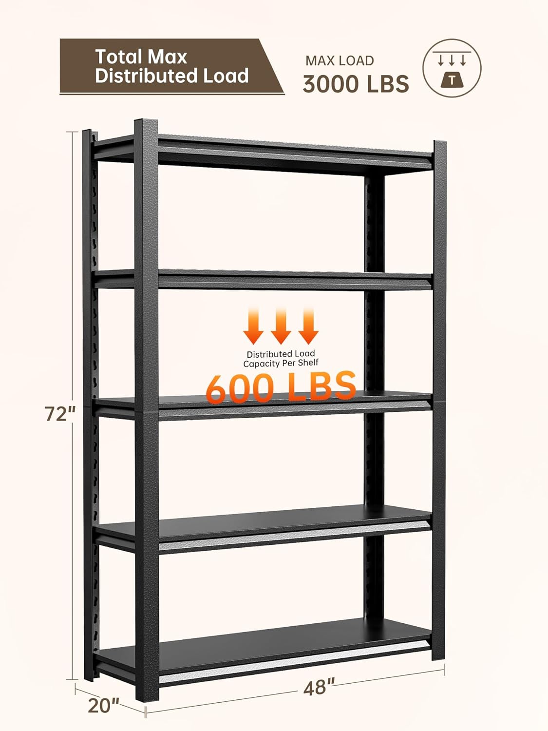JHYKHG 72" W Storage Shelves,5-Tier Heavy Duty Garage Shelving,Adjustable Shelving Unit,Metal Shelf,Boltless Assembly Rack for Warehouse,Shed,3,000 lb Load,24 x 48 x 72 Inches,Black