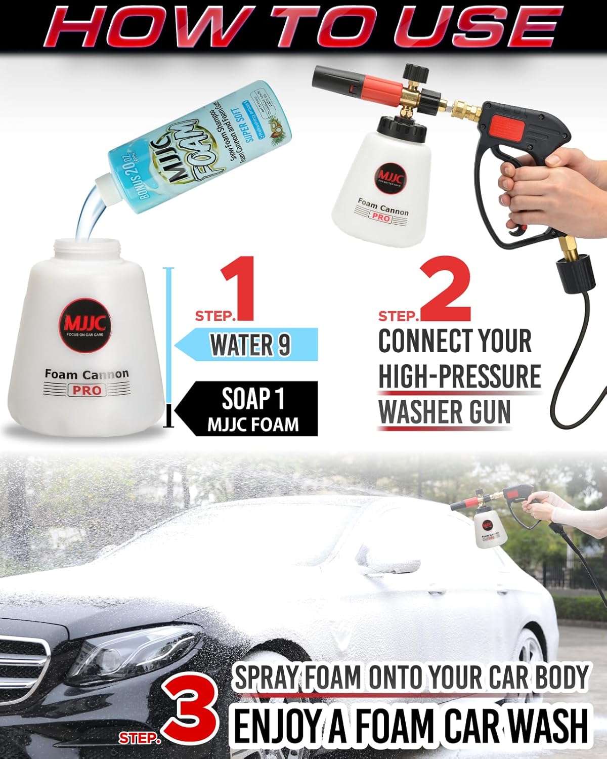 MJJC Foam Cannon Pro V2.0 (Thicker Snow Foam Technology) with 1/4 Inch Quick Connector for Pressure Washer, 40 oz Bottle (Pro V2.0 (1/4" Quick Connector) + SOAP Sample)