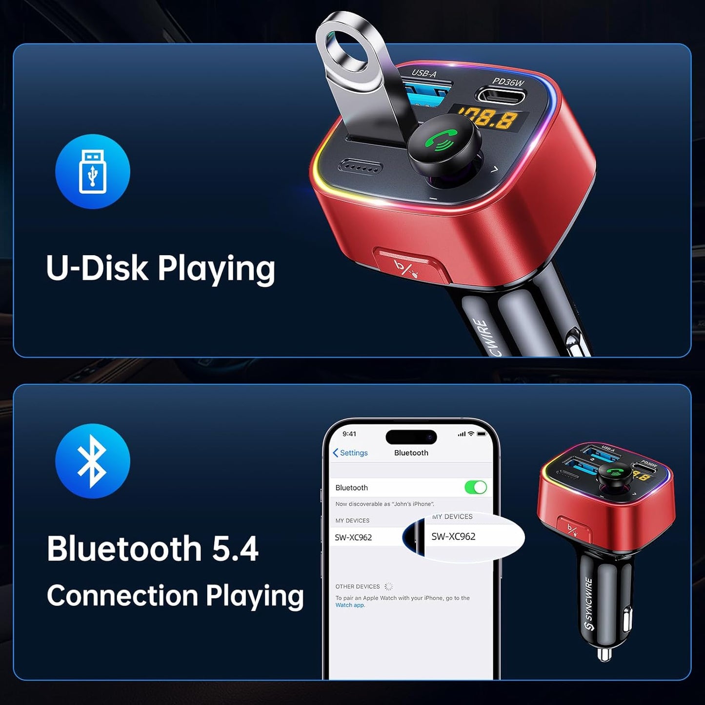 Syncwire Bluetooth 5.3 FM Transmitter Car Adapter 48W (PD 36W & 12W) [Light Switch] [Hi-Fi Deep Bass] [Fast Charge] Wireless Radio Music Adapter LED Display Hands-Free Calling Support USB Drive, Red
