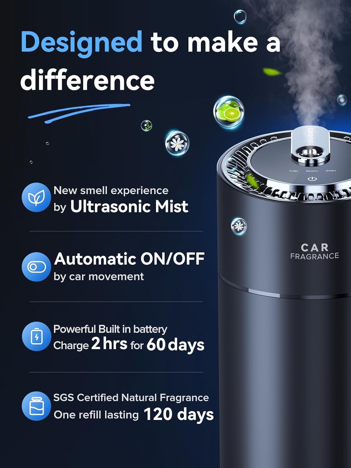 Ceeniu Smart Car Air Fresheners, Sweet Vanilla Scent, A New Smell Experience by Atomization, Each Bottle Perfume Lasts 4 Months, Adjustable Concentration, Auto On/Off, Built-in Battery