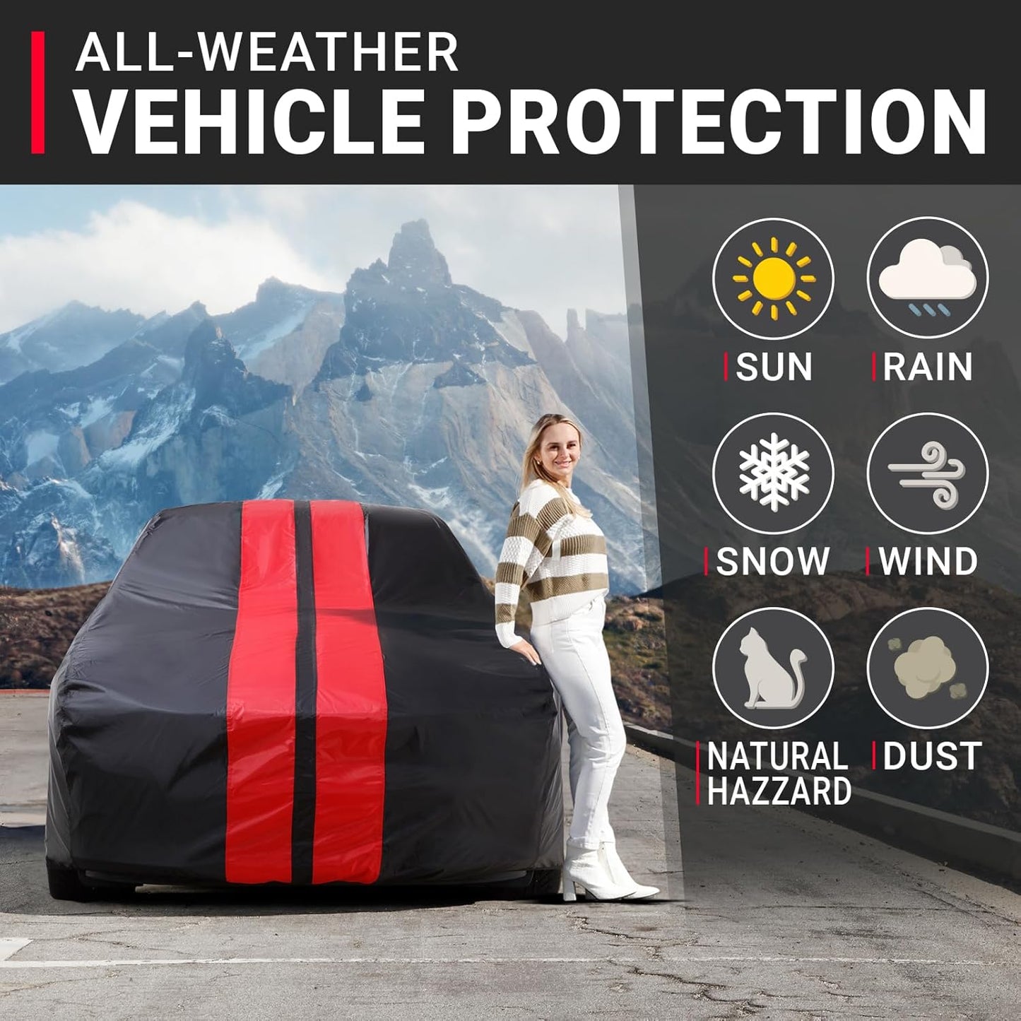 iCarCover Custom Car Cover for Chevy Vega Wagon (1971-1977) Waterproof All Weather Rain Snow UV Sun Protector Full Exterior Indoor Outdoor Car Cover (Stripe - Black/Red)