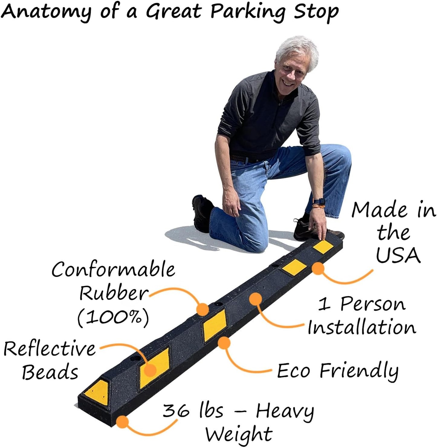 SmartSign Rubber Parking Curb - Heavy Duty Parking Stop with Yellow Reflective Stripe Chevrons, 72" Long (6ft), Wheel Stop for Parking Lot/Garage/Cars/Trucks, Pre-Drilled Holes, Pack of 1, USA-Made