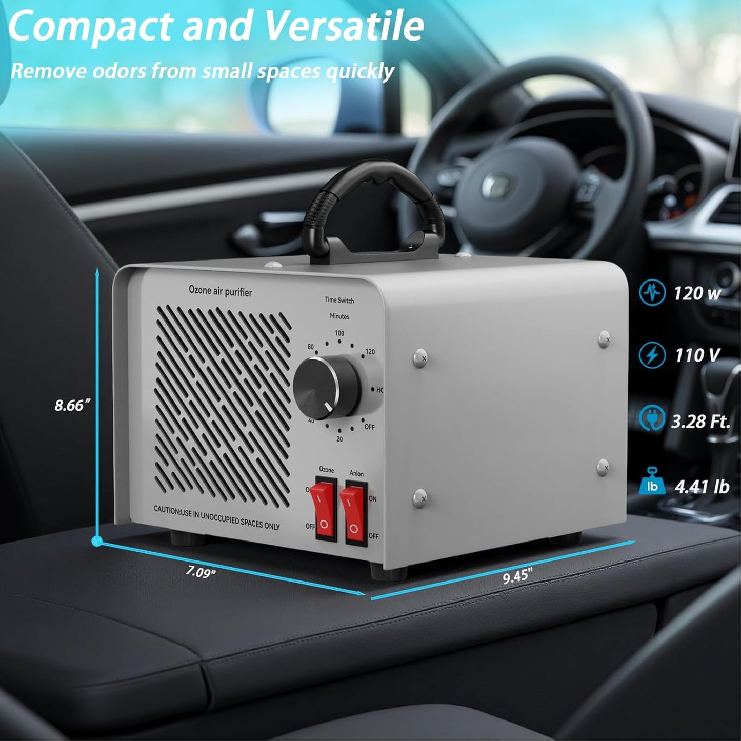 120,000mg/h 0zone Generator High Capacity Ozone Machine & Negative Ion Air Purifier for Home, Car, Pet Odor Removal, O3 Odor Eliminator up to 2,500 Sq. Ft.(Silver)