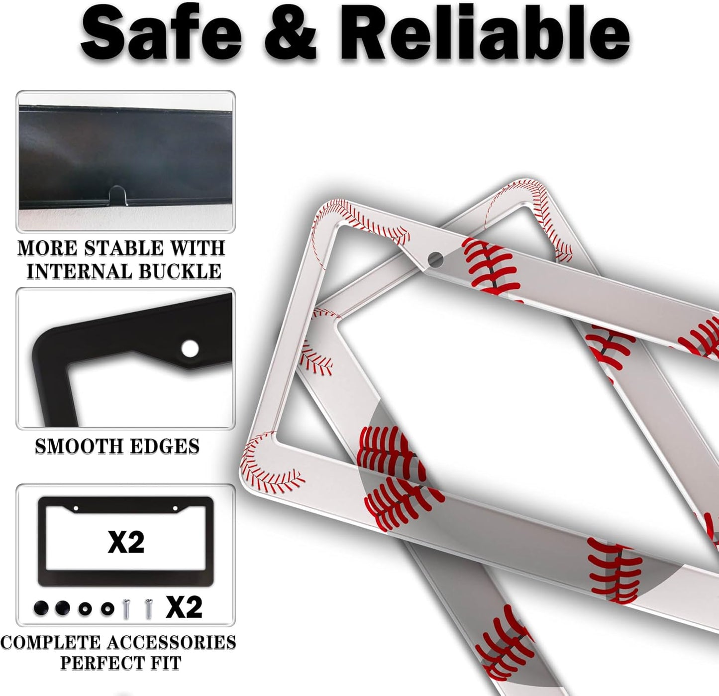 License Plate Frames for Men Red and White License Plate Cover for Women Baseball Texture Aluminum Metal Car Accessory 2 Pack with Screw Covers Set