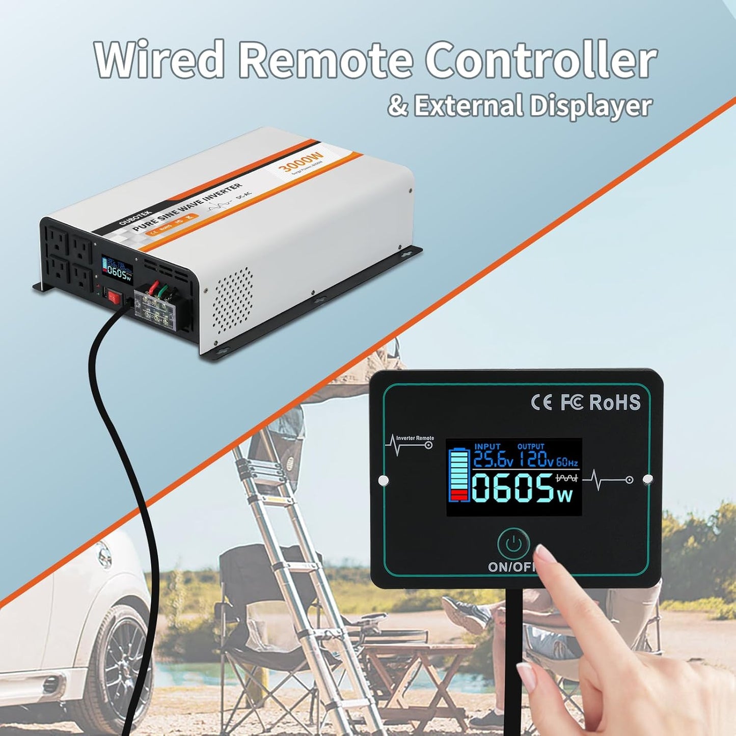 3000 Watt Pure Sine Wave Inverter 24V DC to 120V AC Converter for Truck Boat Camping Outdoor Solar System, 3000W Power Inverter with LCD Display, Remote Controller, USB Port, 4 AC Outlets