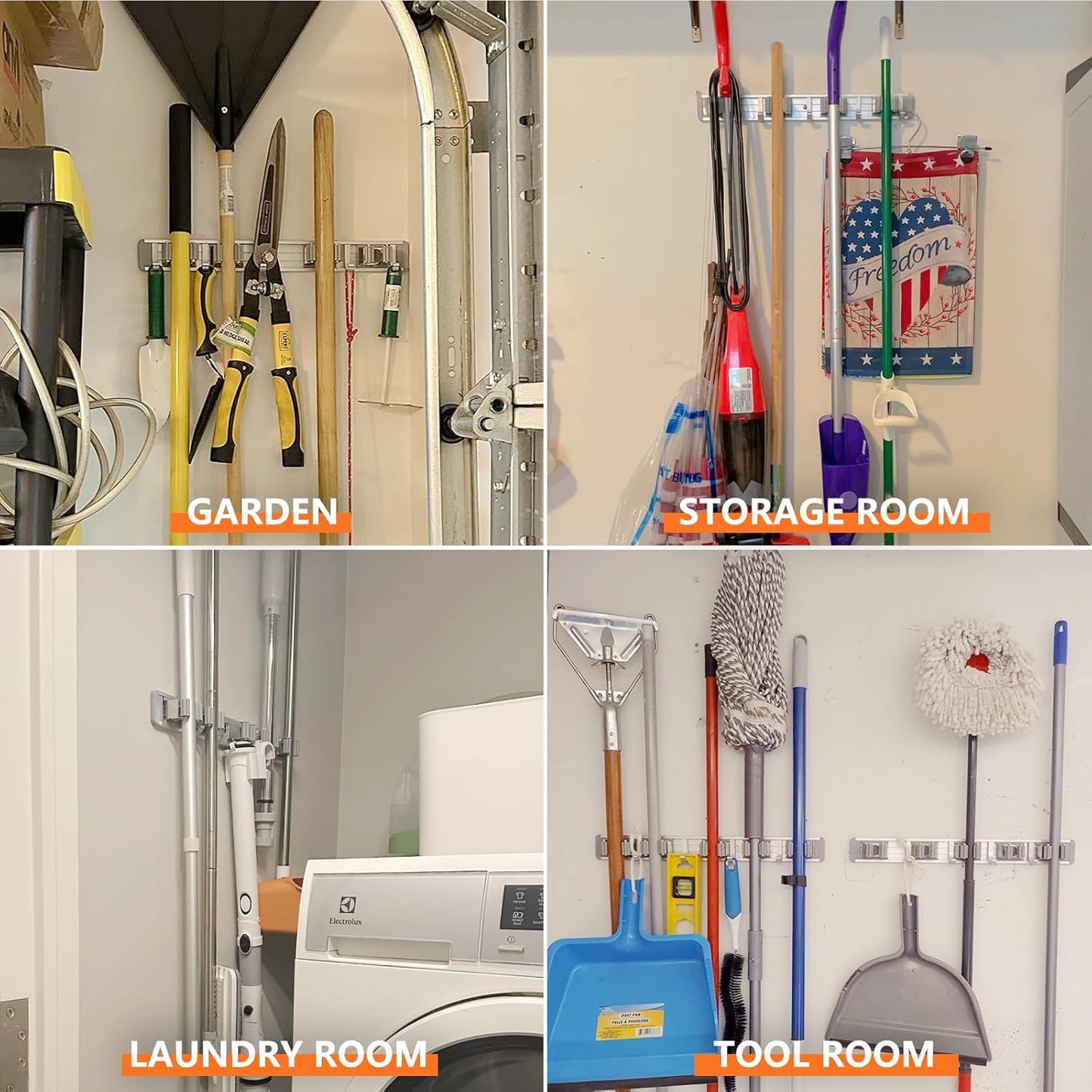 Broom Holder Wall Mount Mop and Broom Hanger Wall Mounted Garage Storage Rack Kitchen Garden Tool Organizer (5 Racks with 4 Hooks, Silver)