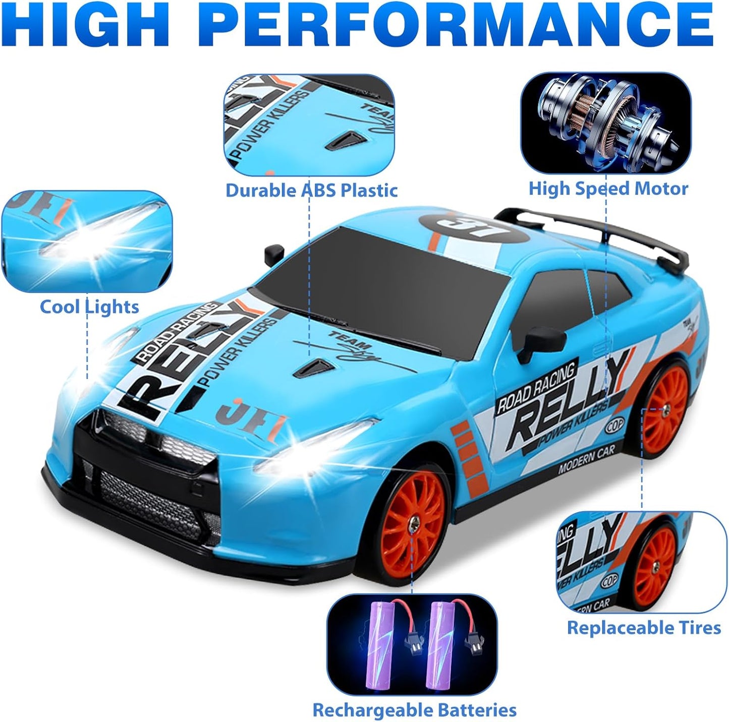 RC Drift Car 2.4GHz 1:24 Scale 4WD Remote Control Car 15KM/H High Speed Drifting RC Cars with Cool Lights, Two Batteries and Extra Tires Toys for Kids Boys Girls Adults, Blue