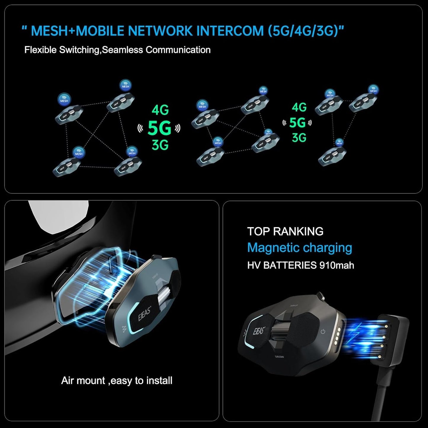 SolaMr X10 Motorcycle Helmet Bluetooth Headset Speakers Headphone, Ski Helmet Intercom Integrated Mesh Communication System Support 10 Riders with Bluetooth 5.1, Noise Cancellation, Yellow