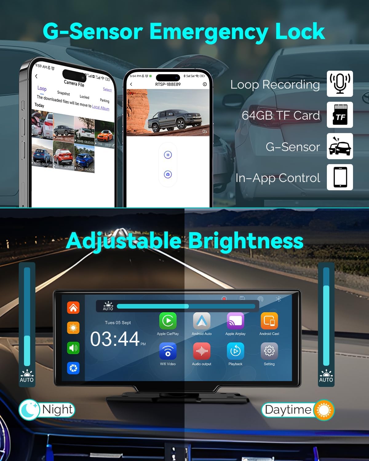 Wireless Carplay Screen for Car, 10.26" Android Auto Screen Compatible with A-pple Carplay, 4K Front & 1080P Rear Cameras Loop Recording, FM, AUX, BT, MirrorLink, Voice Control, Navigation for iOS 10+