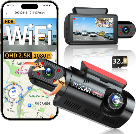 2.5K+1080P Dual Dash Cam Front and Inside, WiFi & GPS Dash Camera for Cars with 32G Card, IR Night Vision, 3" IPS Screen, Inside Car Camera for Taxi Driver, Support 256GB Max, App Control