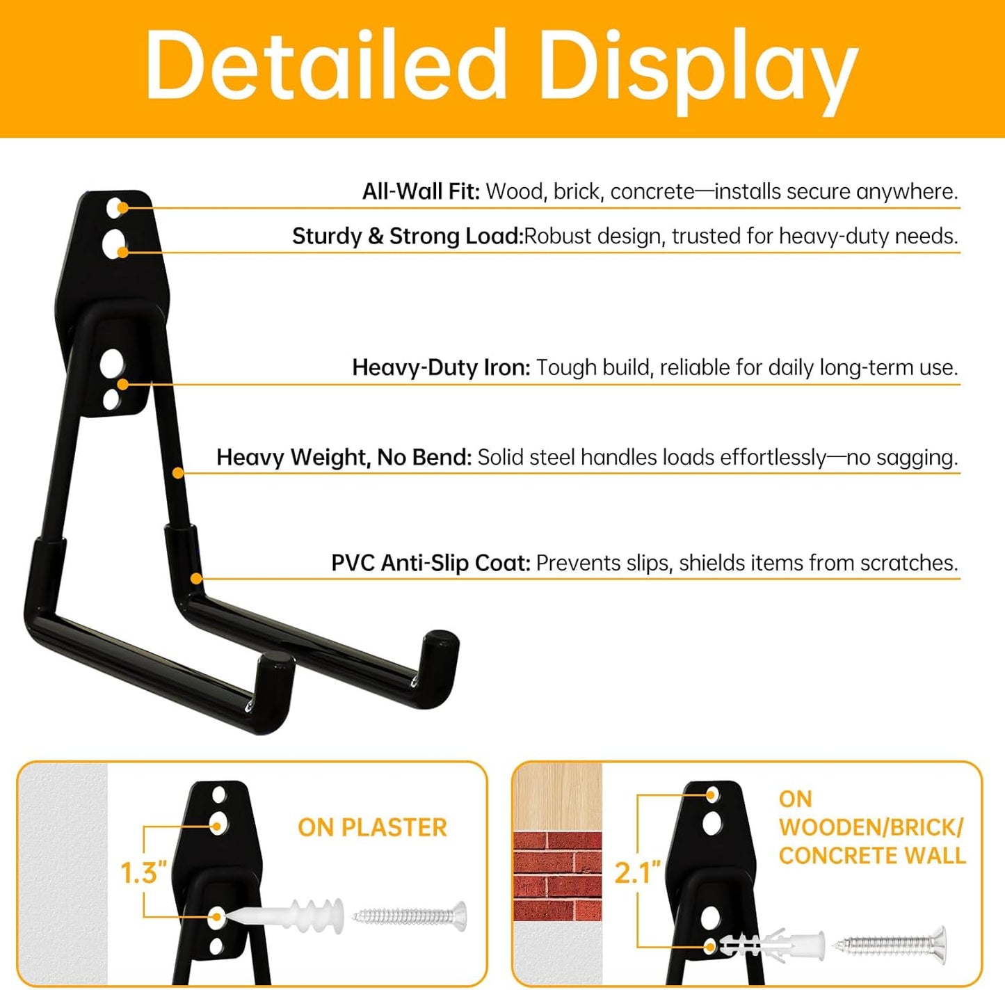 WIN&YING 6 Pack Steel Garage Storage Hooks, Heavy Duty Wall Mounted Storage Hanger, Anti-Slip Tool Organizer for Hanging Ladders, Hose, Bulk Items, Power and Garden