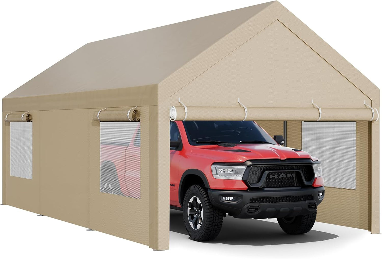 JY QAQA Carport, 10x20 FT Heavy Duty Carport Reinforced Steel Poles with Removable Sidewalls & Doors,Roll-up Windows Car Canopy with Sandbags and All-Season Tarp for Car Boat Truck Motorcycle