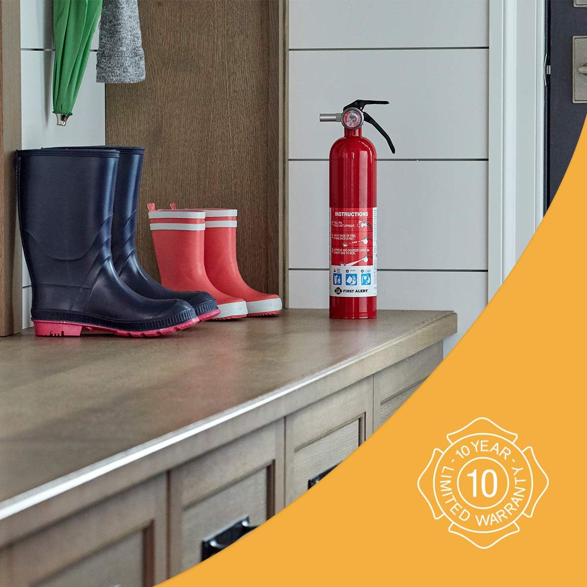 First Alert Fire Extinguisher for Home, Standard Rechargeable Compliance Unit, UL RATED 1-A:10-B:C, HOME1-4, Red, 4-Pack