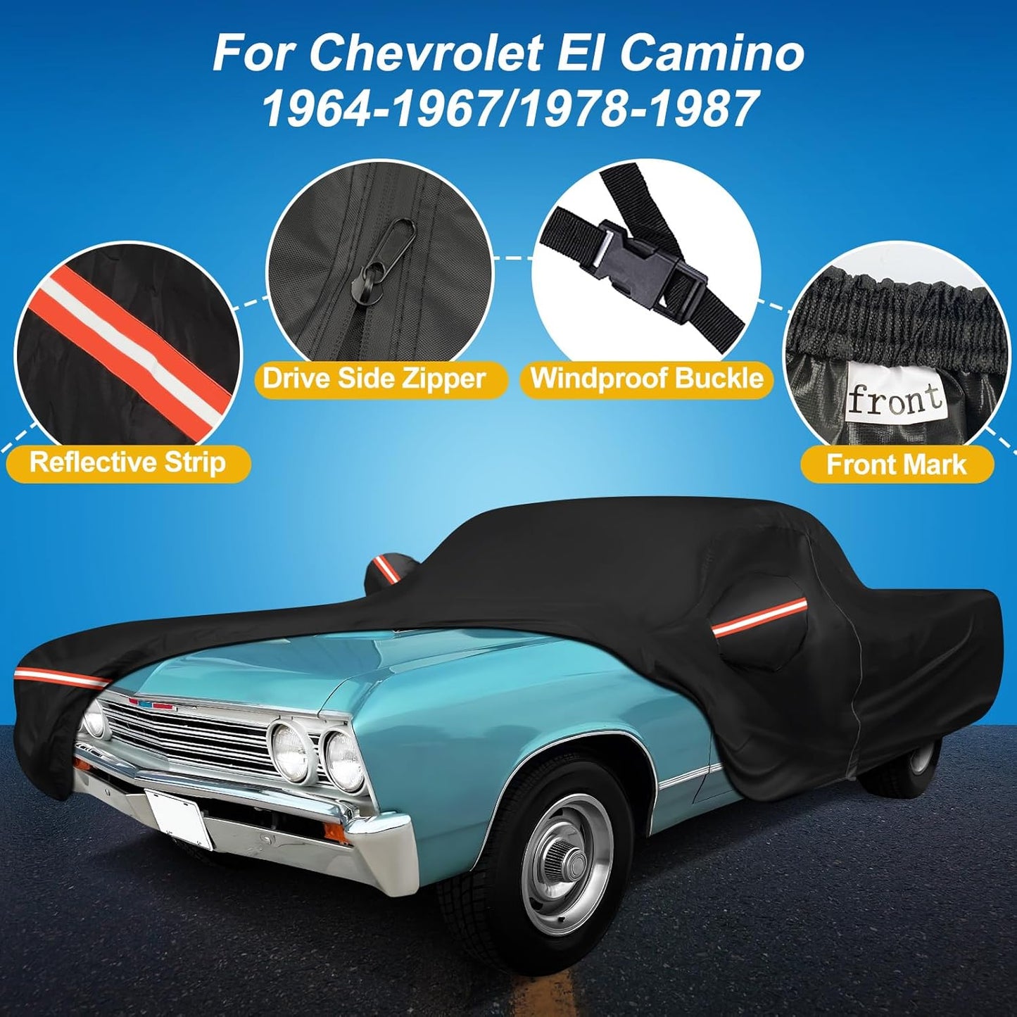 QUNSUNUS Waterproof Car Cover for Chevrolet El Camino 1964-1967/1978-1987, Outdoor Car Cover with Zipper, Full Exterior Car Covers for Automobiles All Weather with Wind, Sun, UV and Dust Protection
