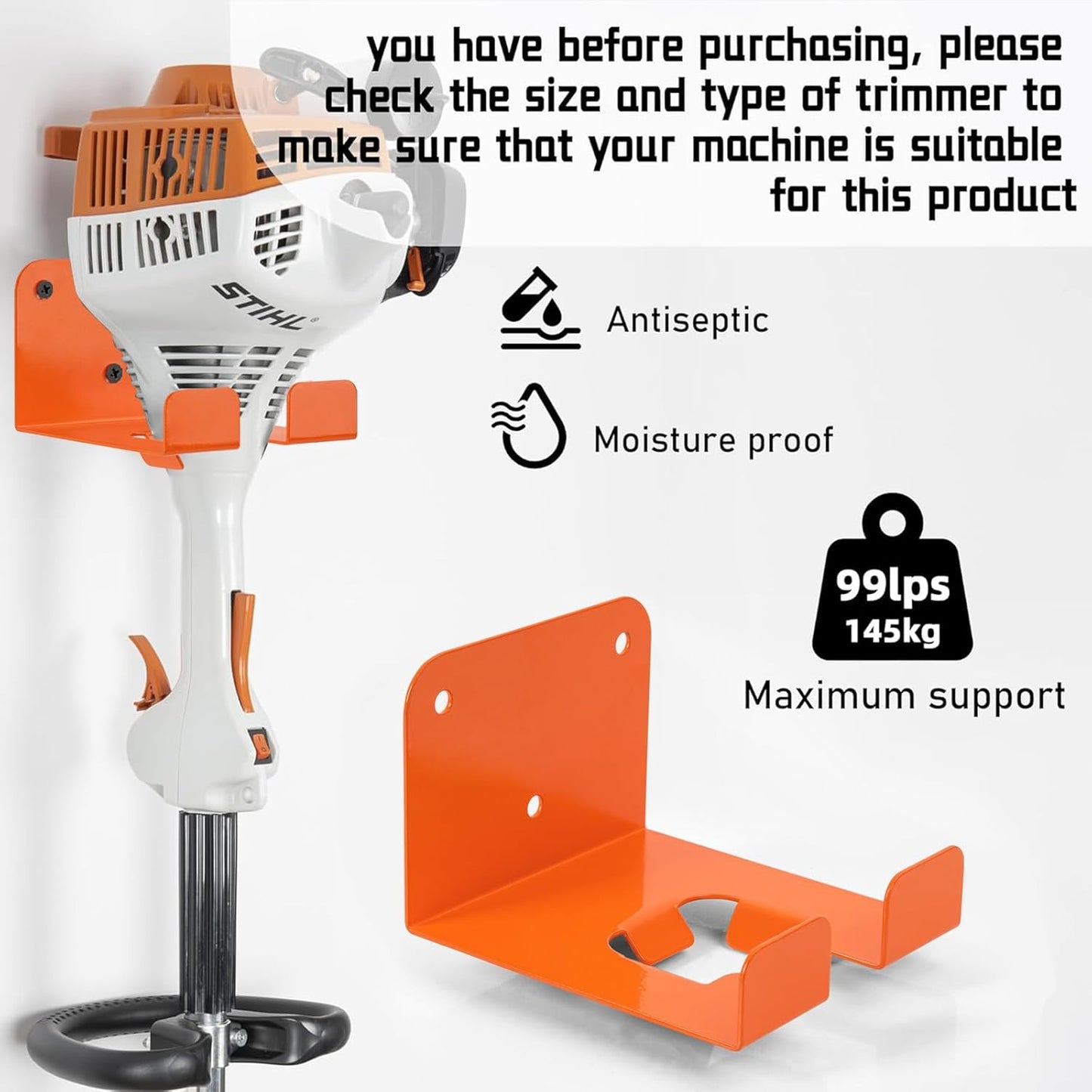 Weedeater Hanger, 1 Pack Weed Eater Hanger for Garage Wall-mounted Organizer Trimmer Rack Storage for Grass Trimmer, Hedge Trimmer, Garage Wall, Garden Tools, Orange