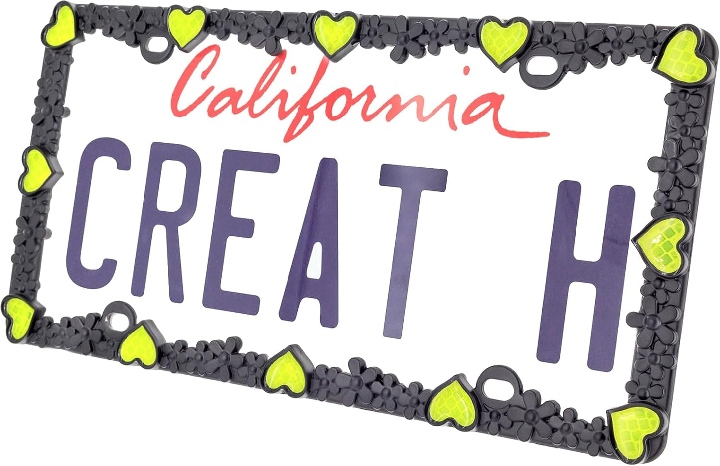 Creathome 3D Daisy Heart License Plate Frame from Pure Zinc Alloy Metal Perfect Plate Holder, Matt Black Daisy with Yellow Reflective Heart