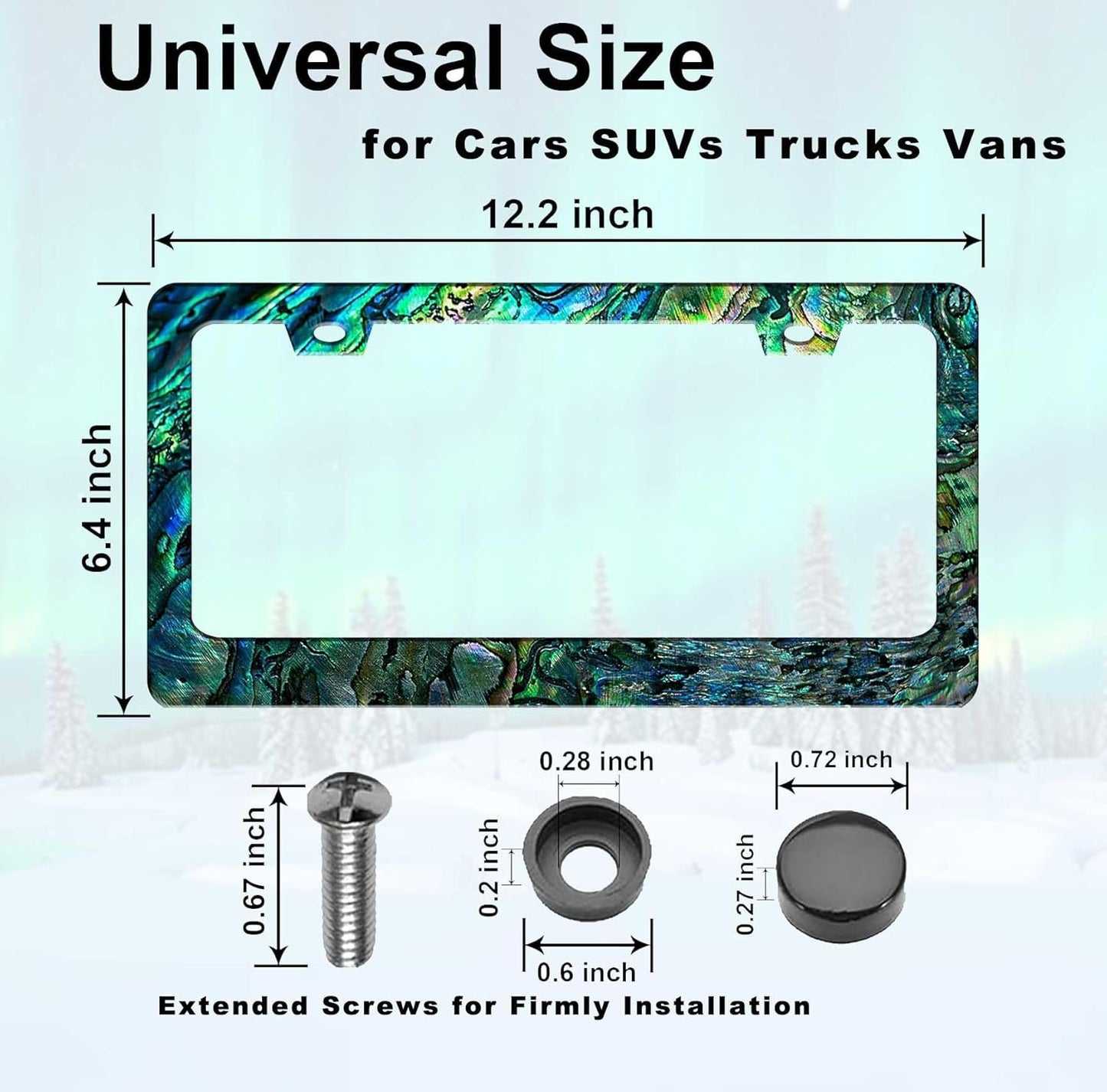 Universal License Plate Frame - Heavy Duty Rustproof Aluminum Matte Black Car Tag Holder Bracket Fits All US States, Easy Install with Screws Included (Faux Abalone-2pc)