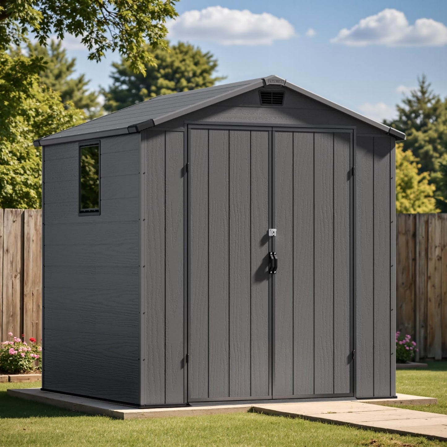 Patiowell 6 x 6 FT Plastic Outdoor Storage Shed with Floor, Resin Outside Tool Shed with Two Windows and Lockable Door for Garden, Backyard, Tool Storage Use, Easy to Install, Dark Grey