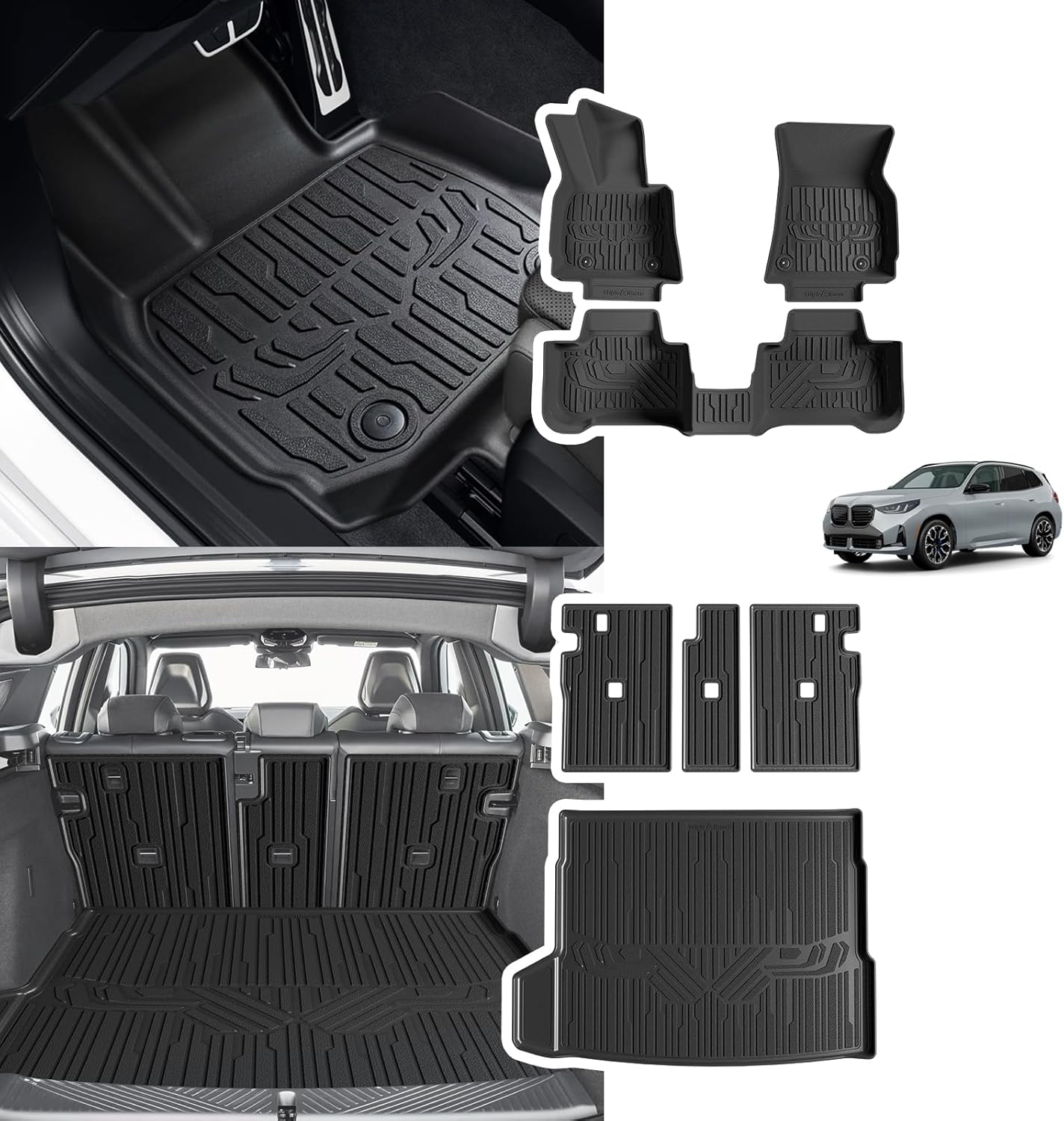 TripleAliners All Weather Liners Compatible with 2025 BMW X3 Accessories TPE Anti-Slip Odorless Custom Fit Floor Liners Rear Trunk Cargo Mat Seat Back Cover(Floor Mats & Trunk Mat & Backrest Mats)