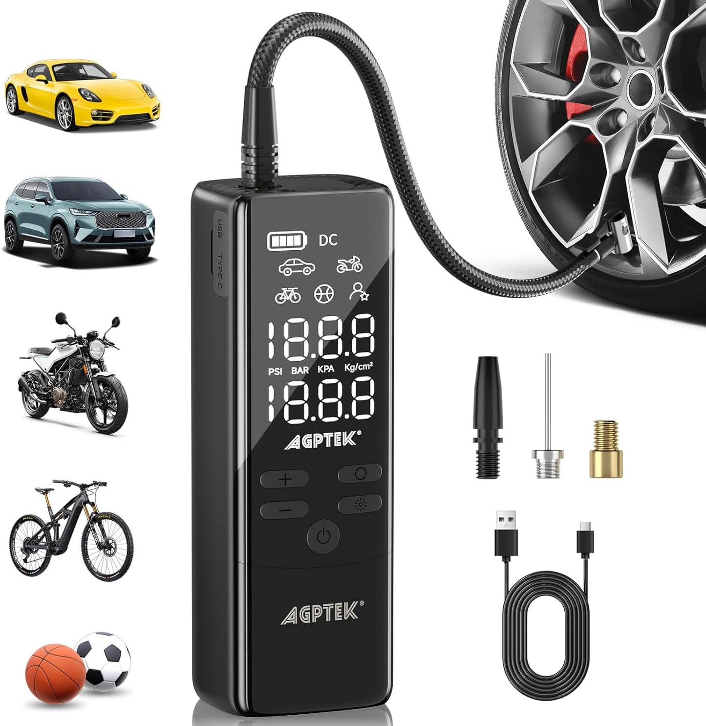AGPTEK Tire Inflator Portable Air Compressor-150PSI & 5000mAh Tire Pressure Gauge Electric Air Pump,LCD Display with LED Light for Cars, Bikes & Motorcycle Tires, Balls