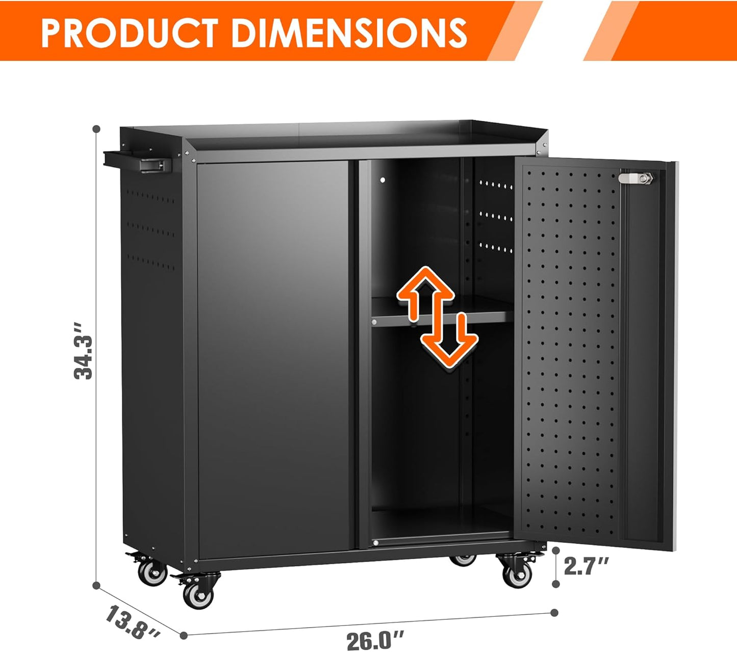 Garage Storage Cabinet with Wheels & Pegboard, 34.3" H Locking Metal Tool Storage Cabinet with Doors and Shelf & 4 Hooks for Garage, Home, Workshops, Assembly Required, Black