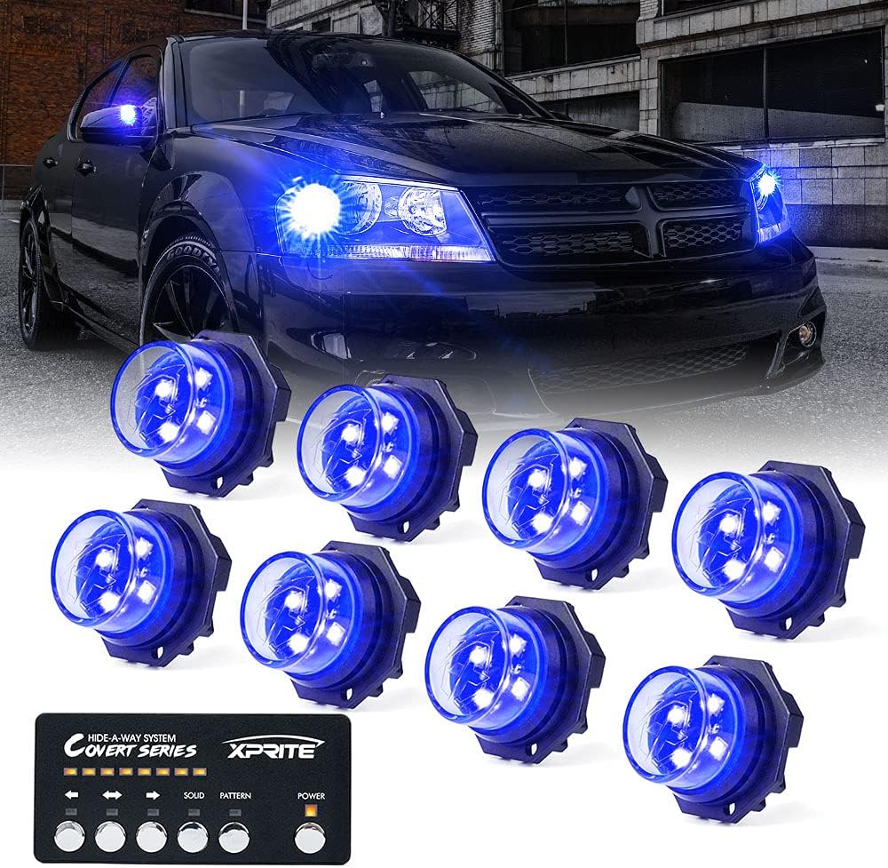 Xprite Blue LED Hideaway Strobe Police Lights Kit, 20 Flashing w/Control Panel Headlights Taillights Mounting, Hazard Warning for Emergency POV Vehicles Volunteer Cars Trucks SUV 8PCS