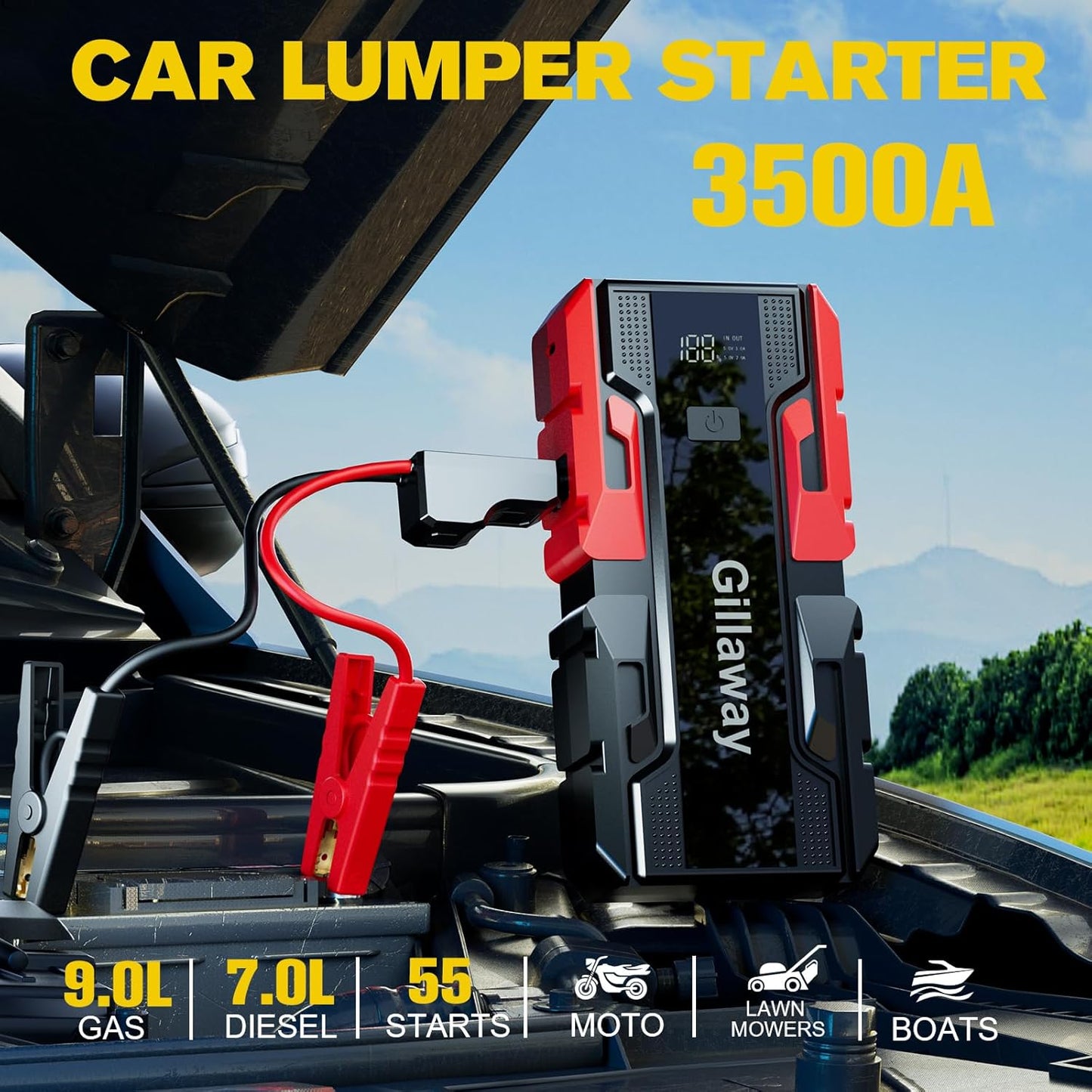 001B 3500A Car Jump Starter Battery Pack (Up to 9.0L Gas and 7.0L Diesel Engine), 12V Car Charger Jump Starter Portable Battery Jump Starter with Power Bank