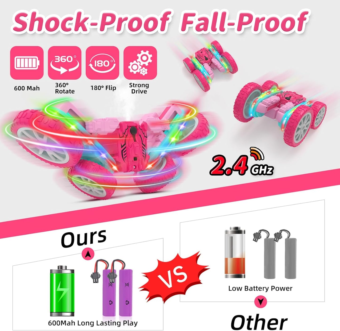 Remote Control Car for Girls, RC Cars 2.4GHz Fast RC Stunt with Strip Light, RC Trucks with Spray 4WD 360° Rotating, Off Road RC Cars Xmas Birthday Gift for Girls (Pink)