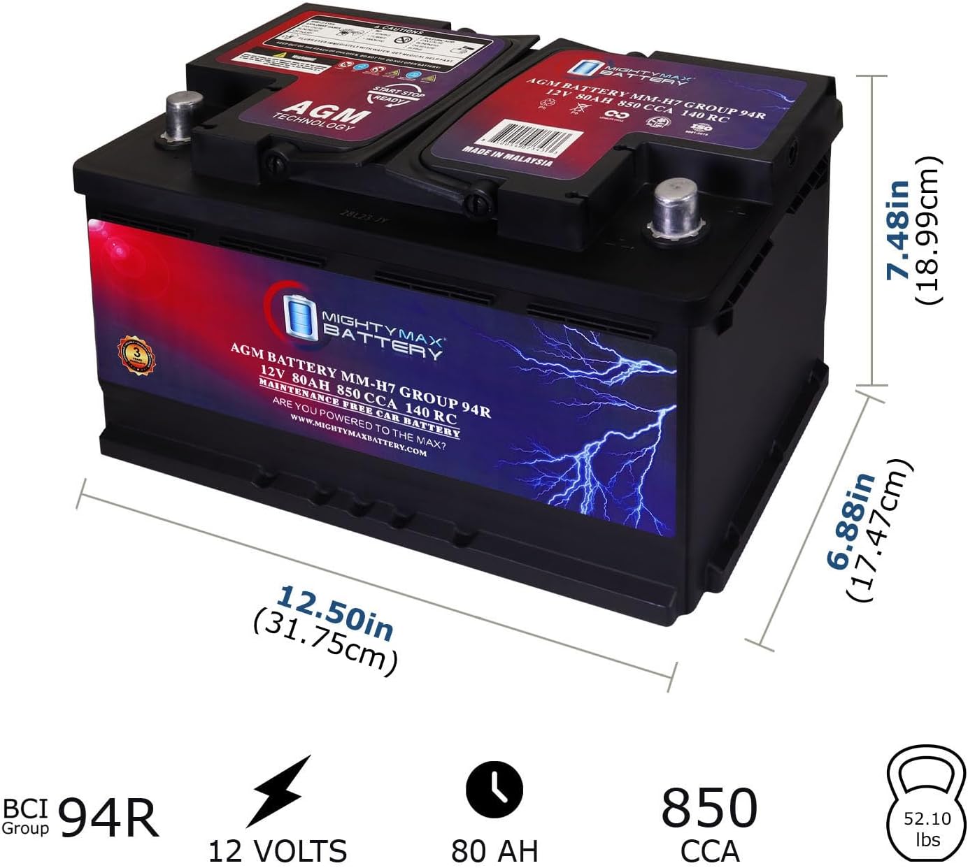 Mighty Max Battery MM-H7 Start and Stop Car BCI Group Size 94R 12V 80AH, 140RC, 850 CCA Rechargeable AGM Car Battery