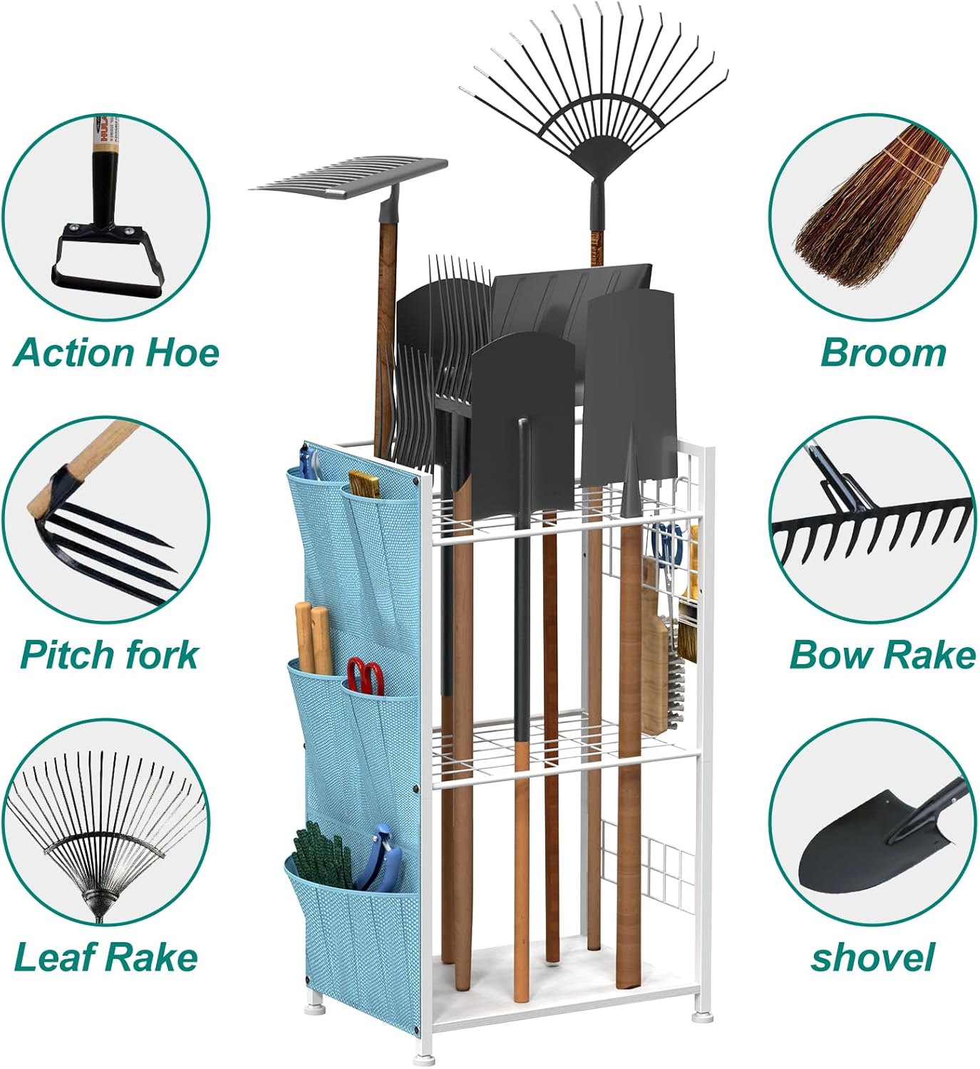 YBING Garden Tool Organizer, Yard Tool Stand with Side Storage Pockets, Yard Tower Rack for Garage Storage, Freestanding Tools Organizers and Storage for Shed, White