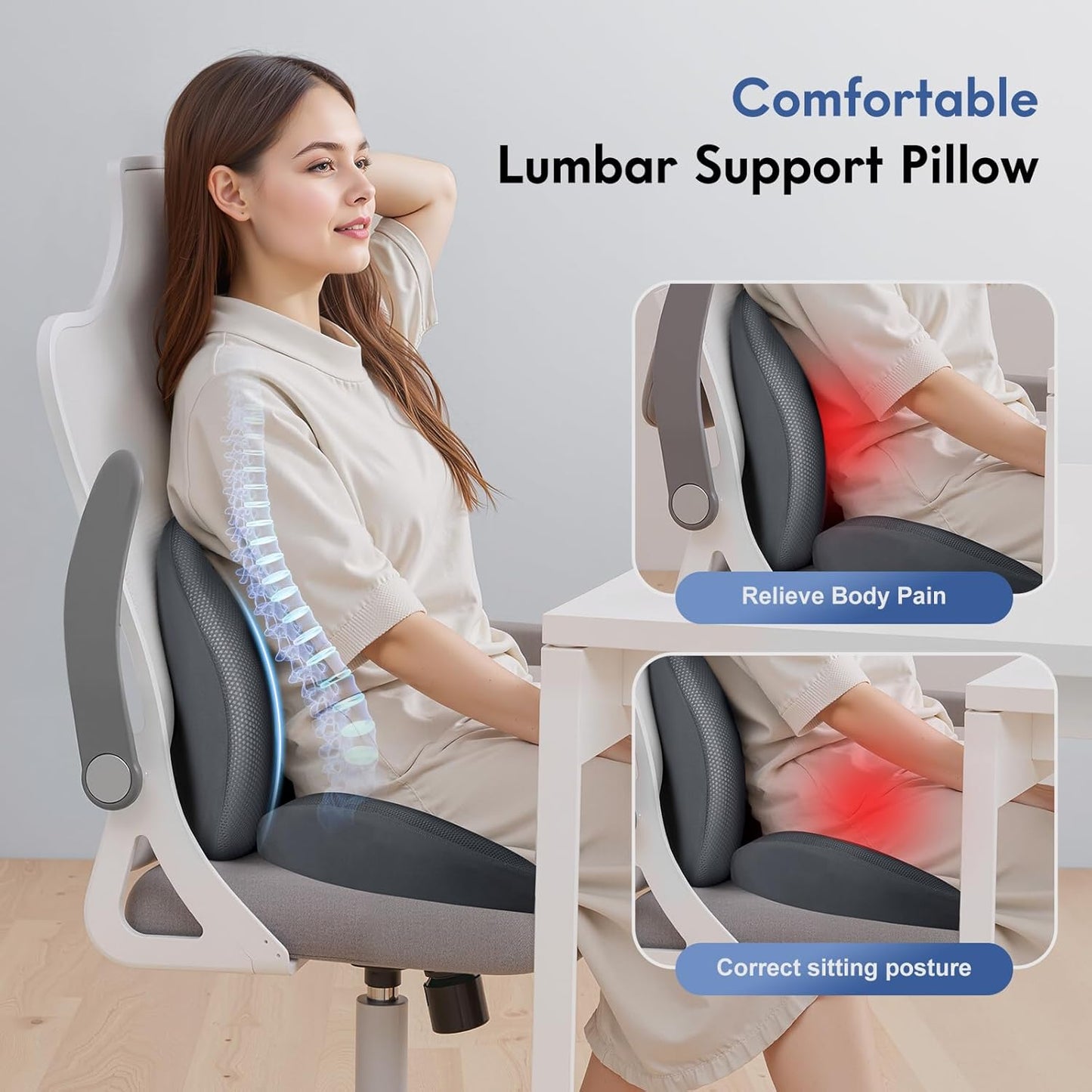 FLORICH Seat Cushion and Lumbar Support Pillow for Office Chair Car, Ergonomic Memory Foam Back Support for Office Gaming Chair Driving Seat Wheelchair, Relieves Neck, Back & Sciatica Pain – Gray