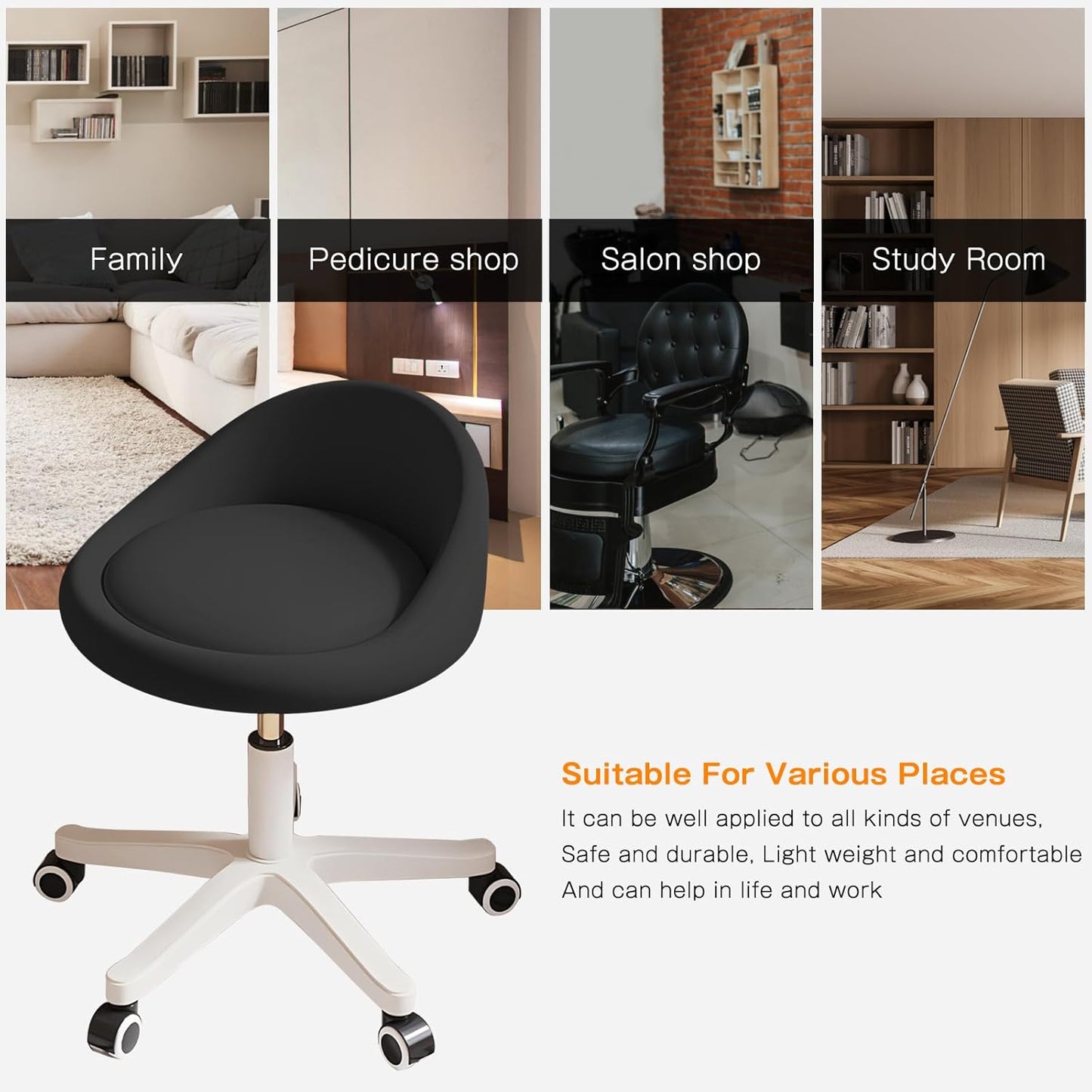 Rolling Stool Set of 4 Rolling Hydraulic Salon Stool with Low Backrest - Adjustable Swivel Chair for SPA, Shop, Salon, Massage, or Medical Office Black