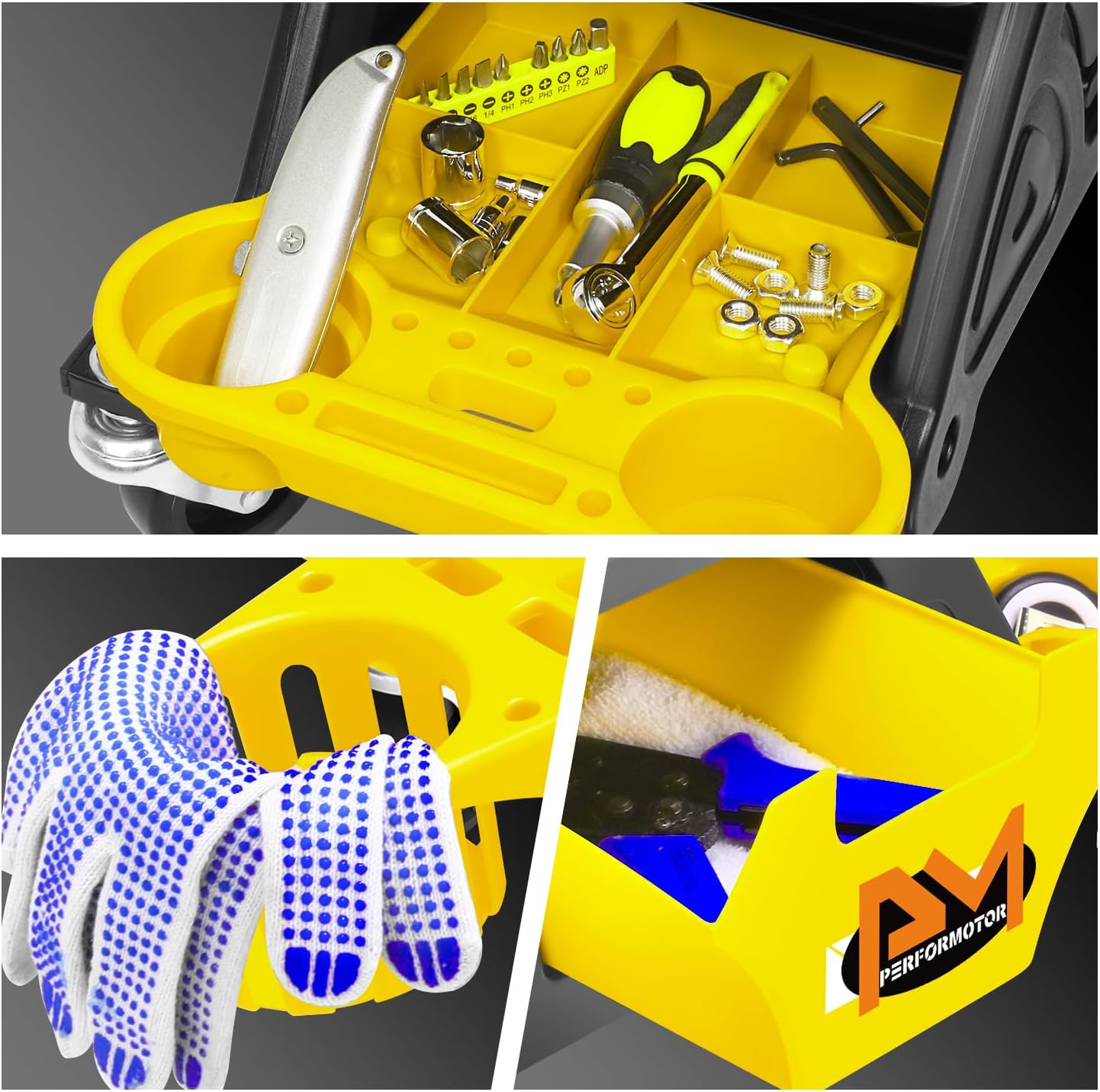 PM PERFORMOTOR Mechanic Stool - 25-1/2" x 13" x 12" (L x H x W), Rolling Work Seat w/Lockable Swivel Wheels and Storage Tool Tray, Yellow,PM-TOL-CRS-YL