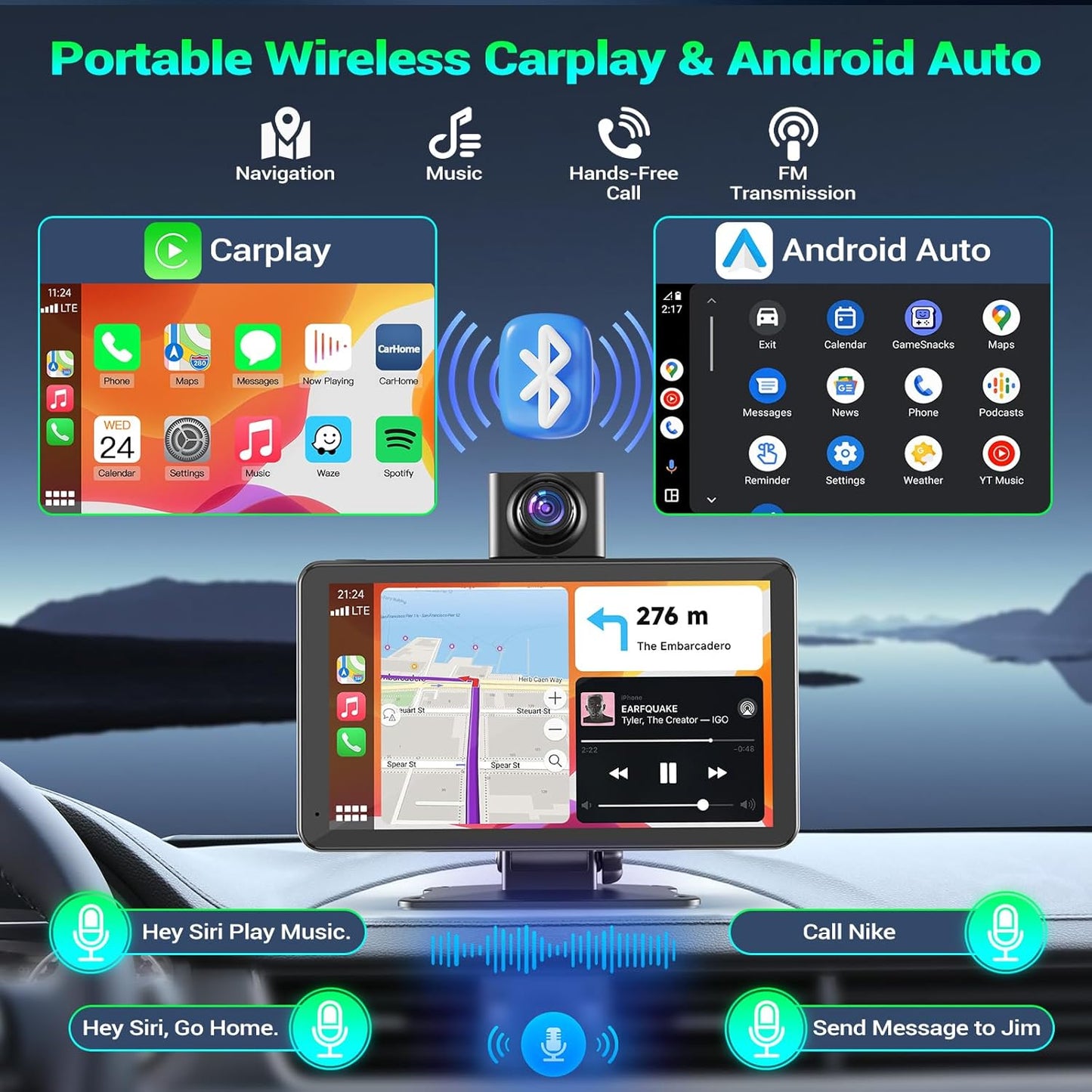 Carplay Screen for Car, 7" Portable Wireless Car Stereo for Apple Carplay & Android Auto,Touchscreen CarPlay Dash Cam,Audio Receivers W/Mirror Link/Rear Camera/Bluetooth/Navigation/AUX/Voice Control