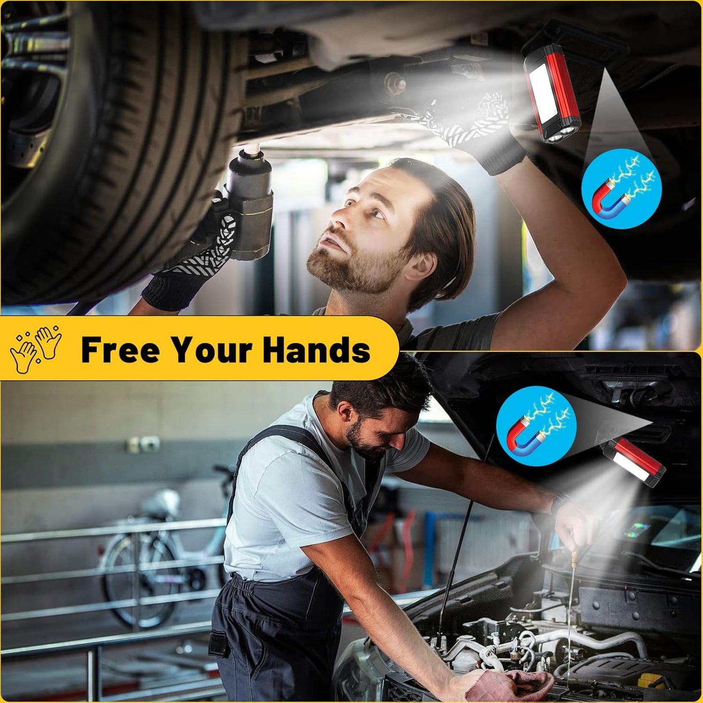 Rechargeable LED Magnetic Work Light 2 Pack, Portable Tool Gifts for Men, 7 Flashlight Modes with Kickstand and Carabiner, 360° Rotating Head and USB Charging for Camping, Hunting, and Car Repairs