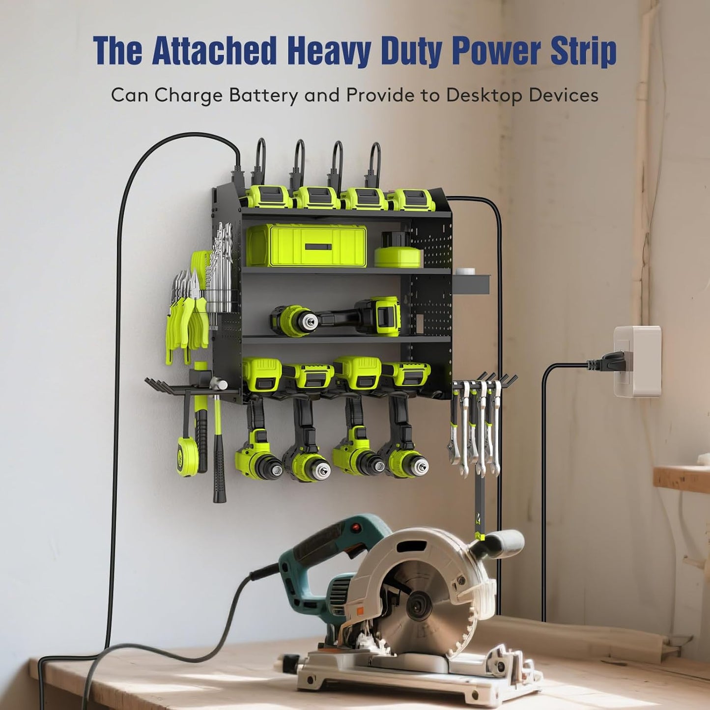 Heavy Duty Power Tool Organizer Wall Mount with Charging Station, 4 Layer Garage Storage Adjustable Shelves Height, Holds 4 Drills, 2 Hooks, Screw & Screwdriver box, Gifts for Fathers Day, Anniversary