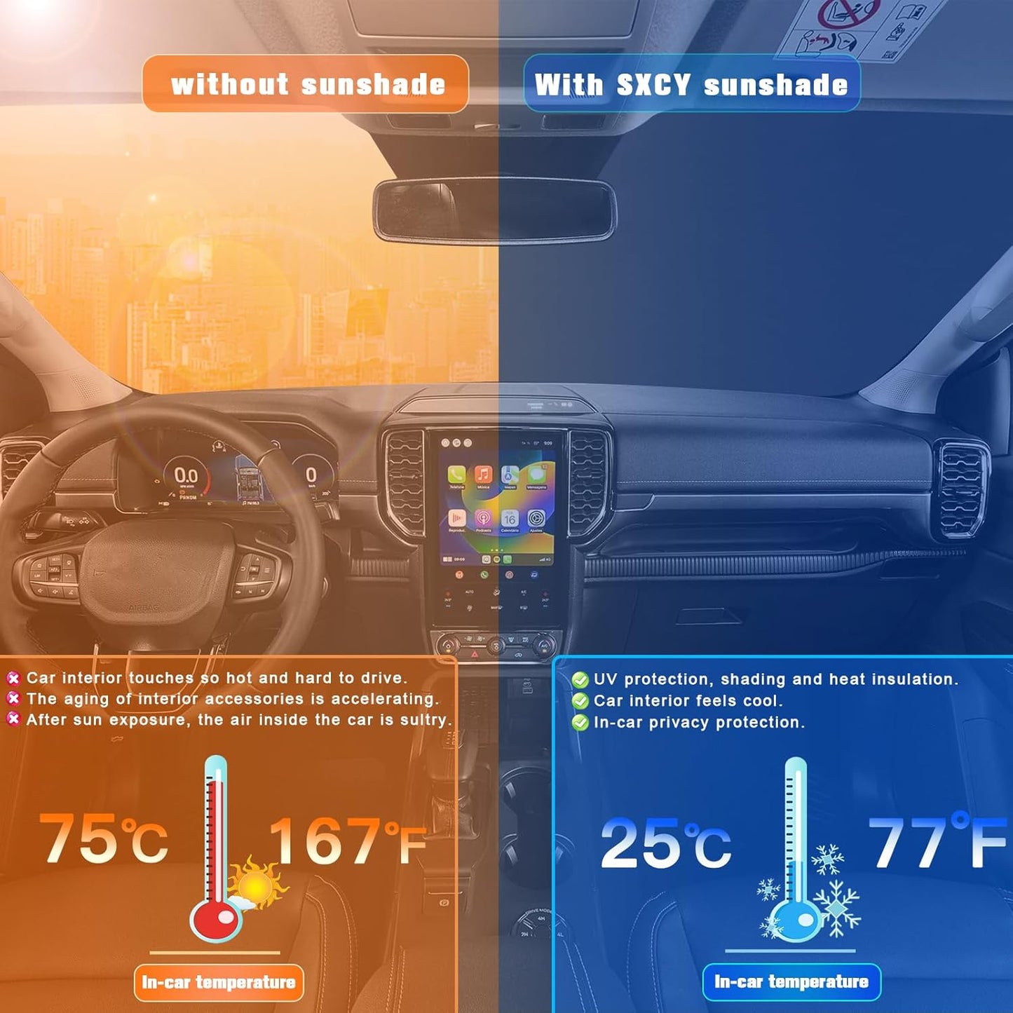 SXCY for 2024 2025 Ford Ranger Windshield Sunshade for 2024 2025 Ranger XL/XLT/Lariat/Raptor Accessories 2024 2025 Ford Ranger Sun Shade Foldable Sun Shield 2024 2025 Ranger Sun Protector Block UV Ray