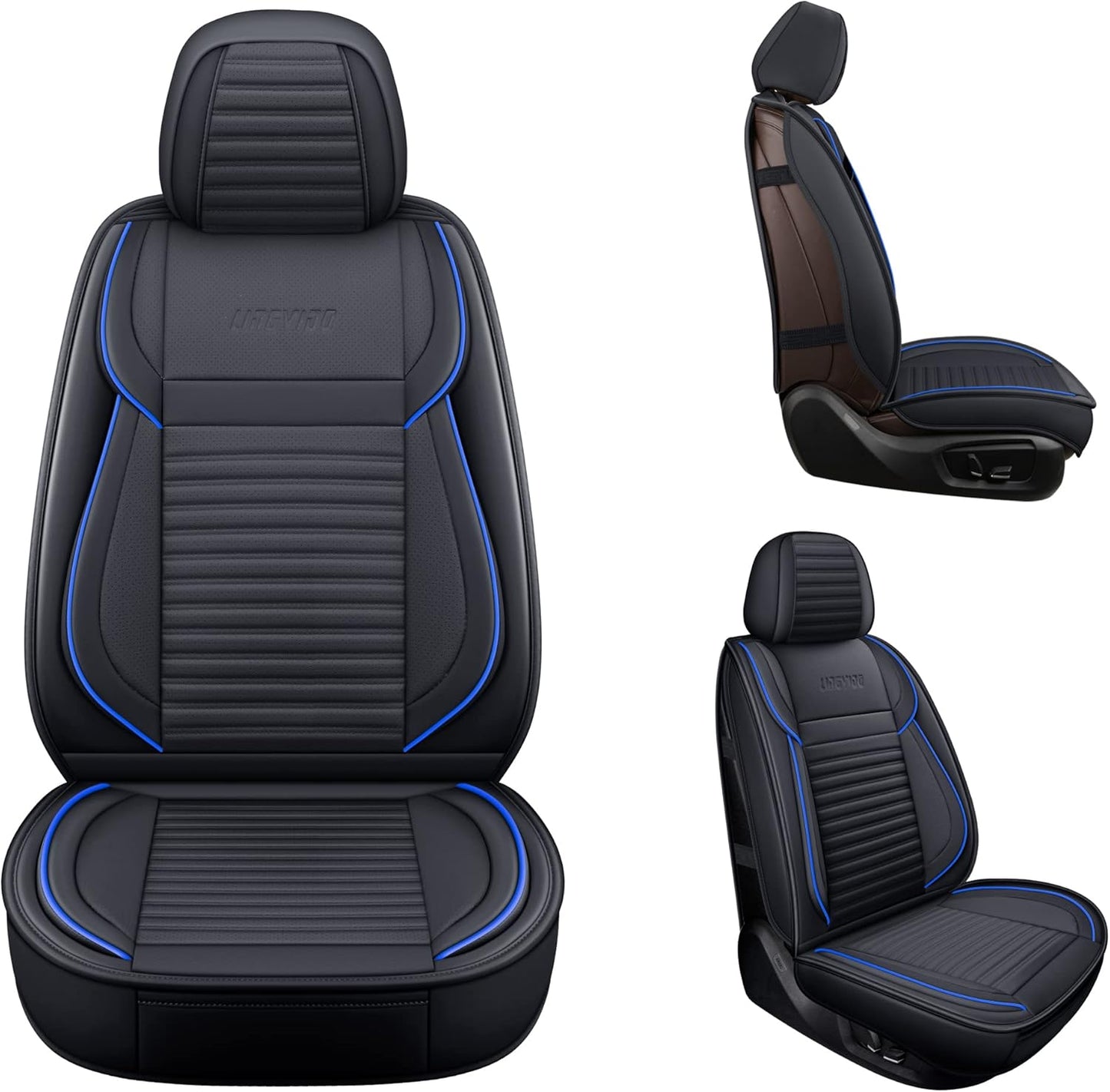 LINGVIDO Car Seat Covers, Breathable and Waterproof Faux Leather Automotive Seat Covers for Cars SUV Truck Sedan,Universal Anti-Slip Seat Cover with Backrest (Full Set, Black-Blueline)