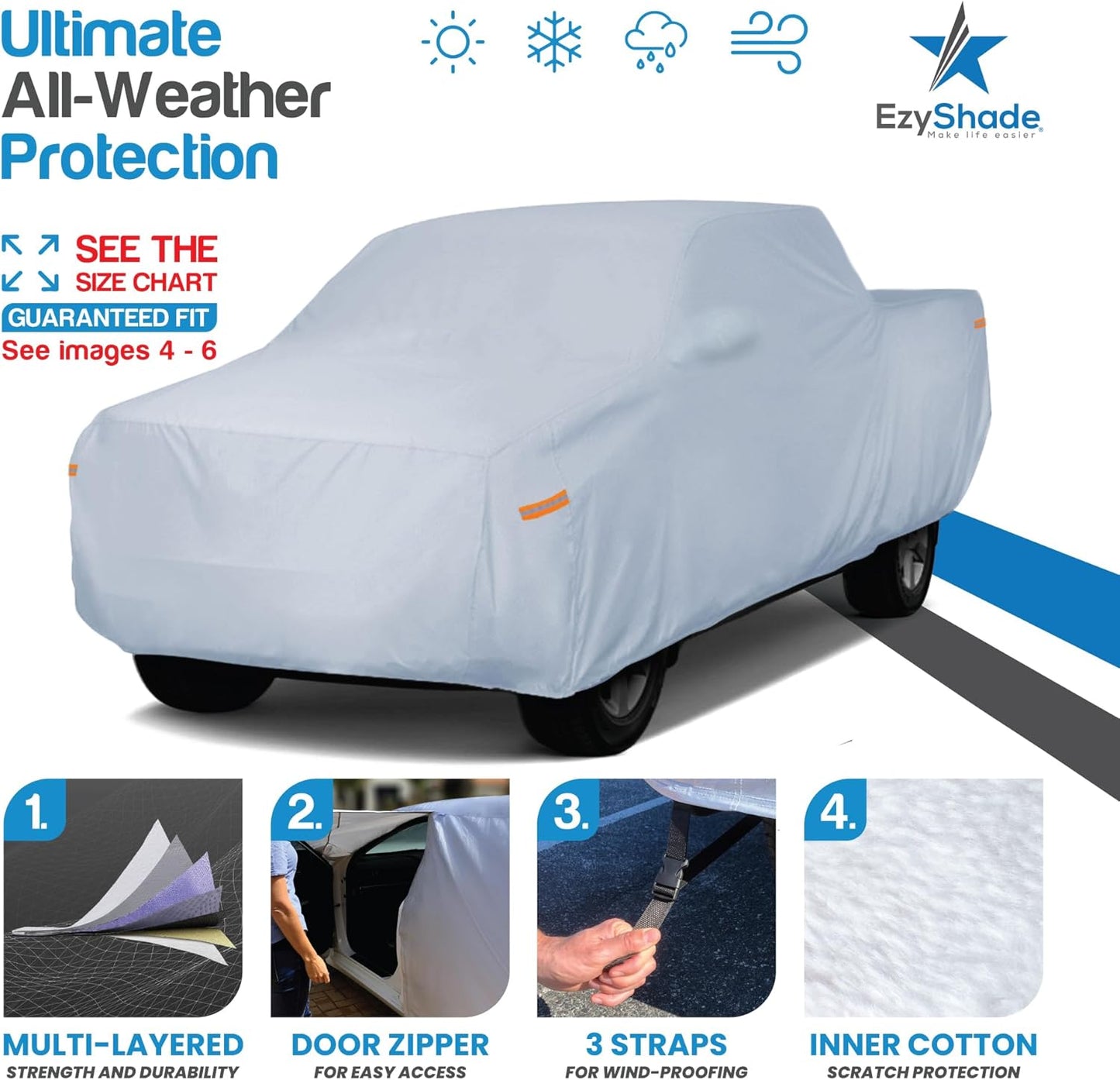 EzyShade 10-Layer Truck Cover Waterproof All Weather. See Vehicle Size-Chart for Accurate Fit. Full Outdoor Pickup Truck Covers Chevy Silverado F250 F350 RAM. Sun Wind Rain. Size T6 (See SizeChart)