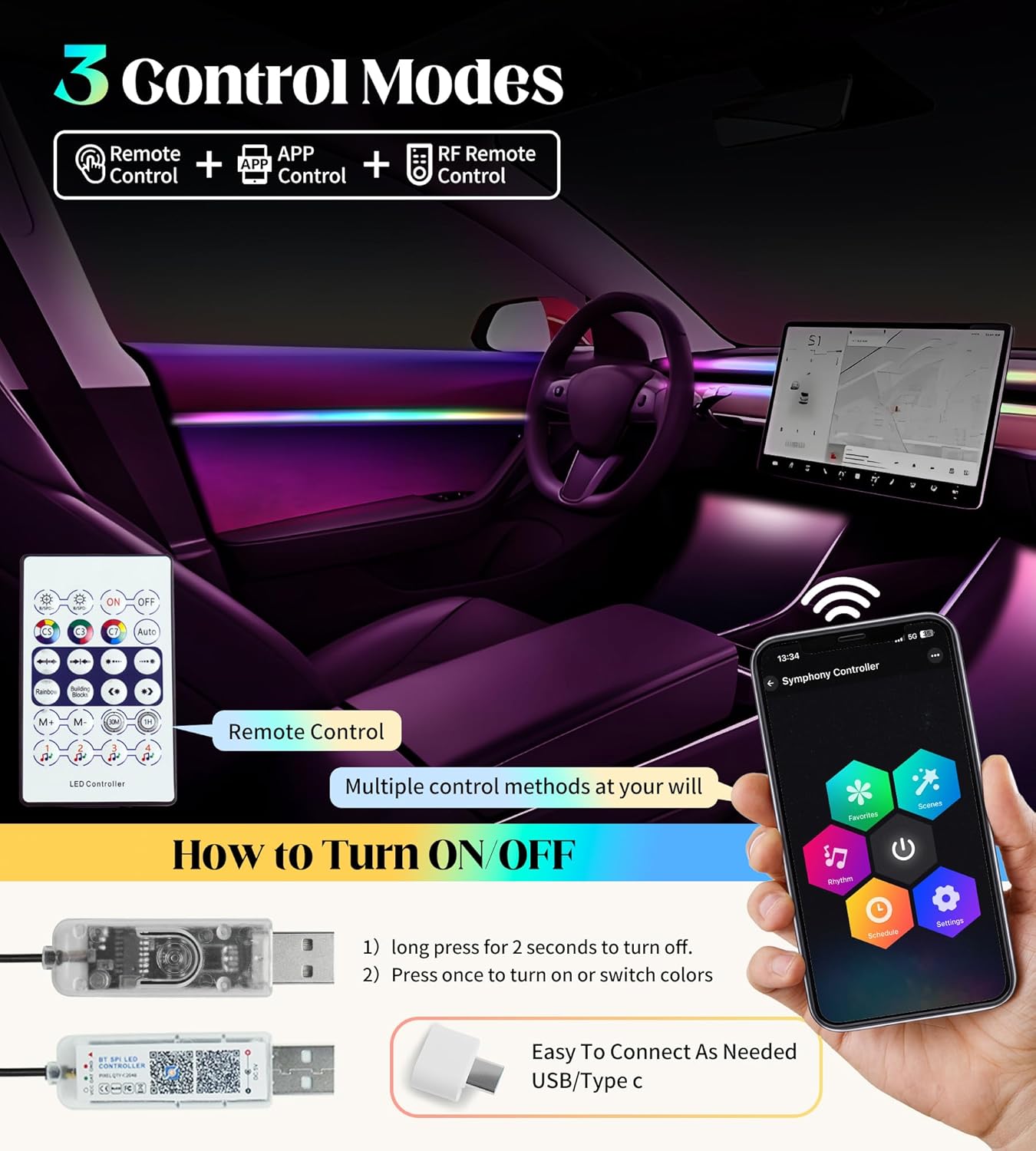 KENANEK Acrylic Interior Car LED Strip, 10 in 1 USB/Type C Interface Colorful 187-inch car Ambient Lights kit，Supporting Wireless Control Modes，with 16 Million Color Options