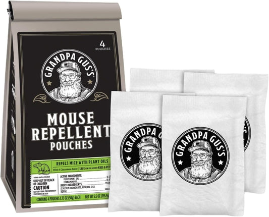 Grandpa Gus's Extra-Strength Mouse Repellent Pouches, Cinnamon/Peppermint Oils Repel Mice from Nesting & Freshen Air in Car/RV/Boat/Garage/Shed/Cabin (Pack of 4)