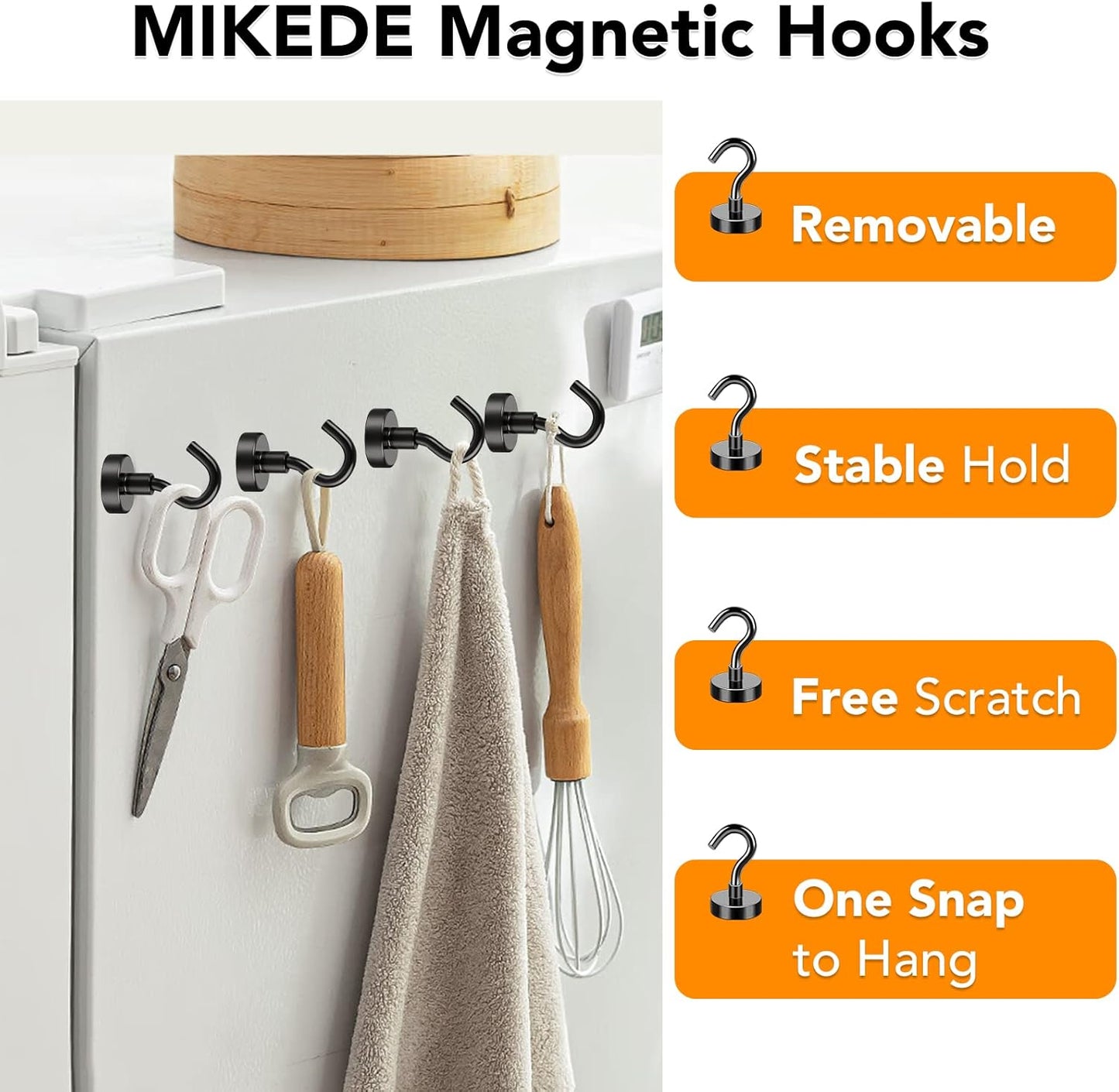 MIKEDE Magnetic Hooks, 25Lbs+ Black Heavy Duty Earth Magnets with Hook for Refrigerator, Strong Neodymium Magnetic Cruise Hooks for Hanging, Curtain, Grill and Kitchen - Pack of 4