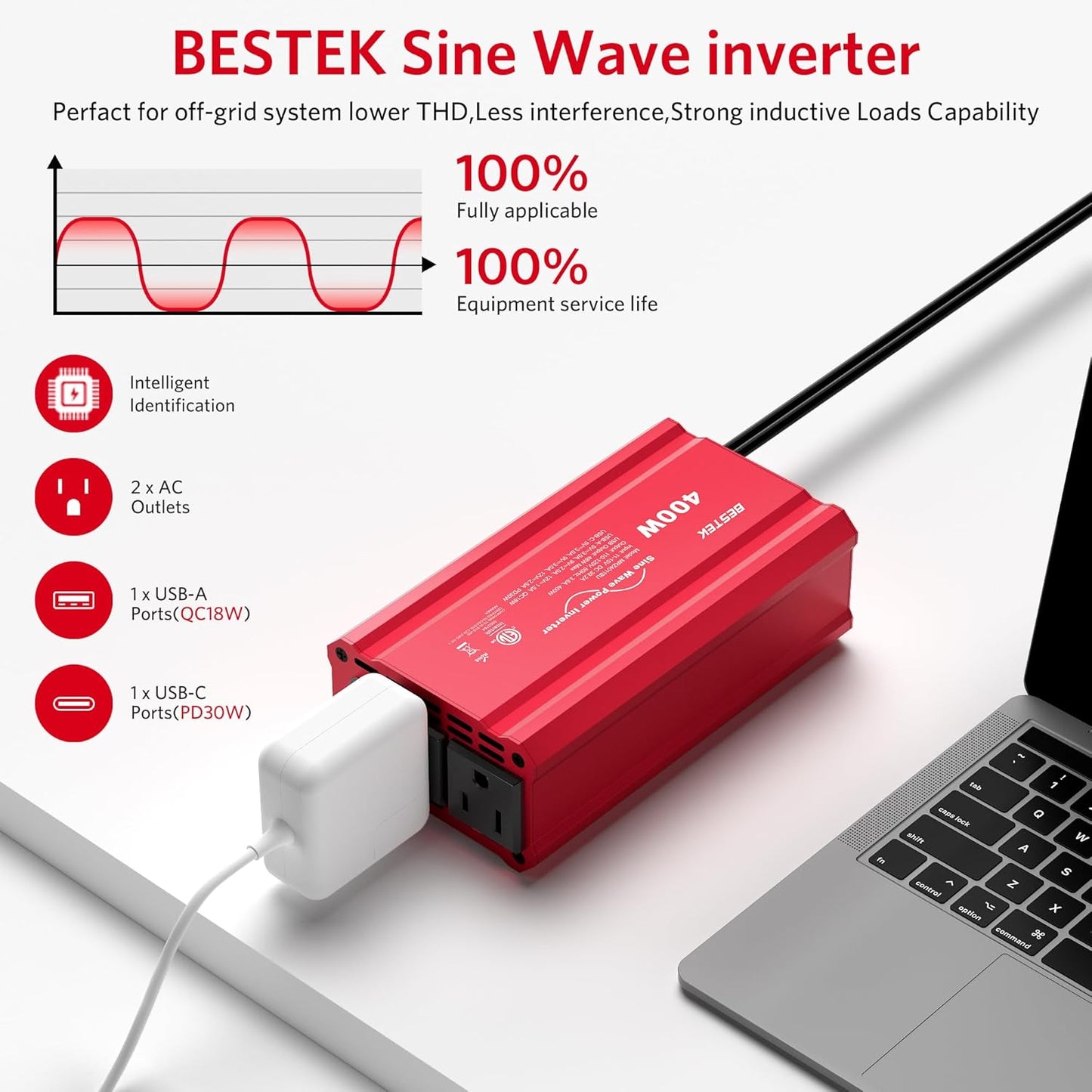 BESTEK 400W Car Power Inverter DC 12V to AC 110V Car Plug T-Type Sine Wave Inverter Adapter Power Converter with PD30W & QC18W Dual USB Charging Ports