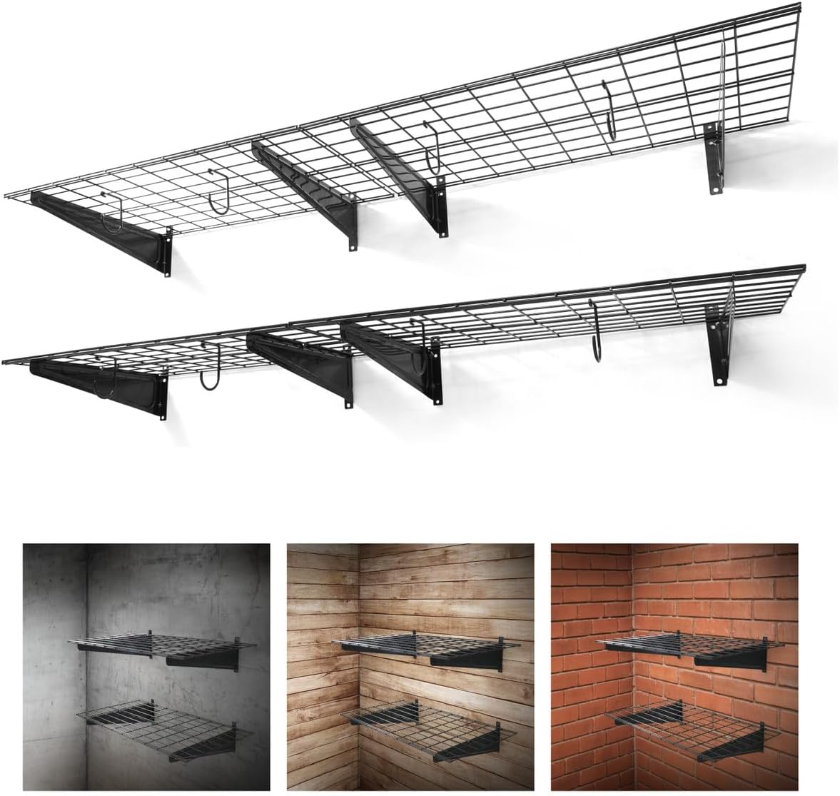 Fencer Wire 72 in. W x 18 in. D Wall Mounted Garage Wall Shelving w/ 4 Hooks, Black Wall Shelf, Heavy Duty Garage Wall Storage System, Garage Organizer Floating Shelves, 1000lb Weight Capacity