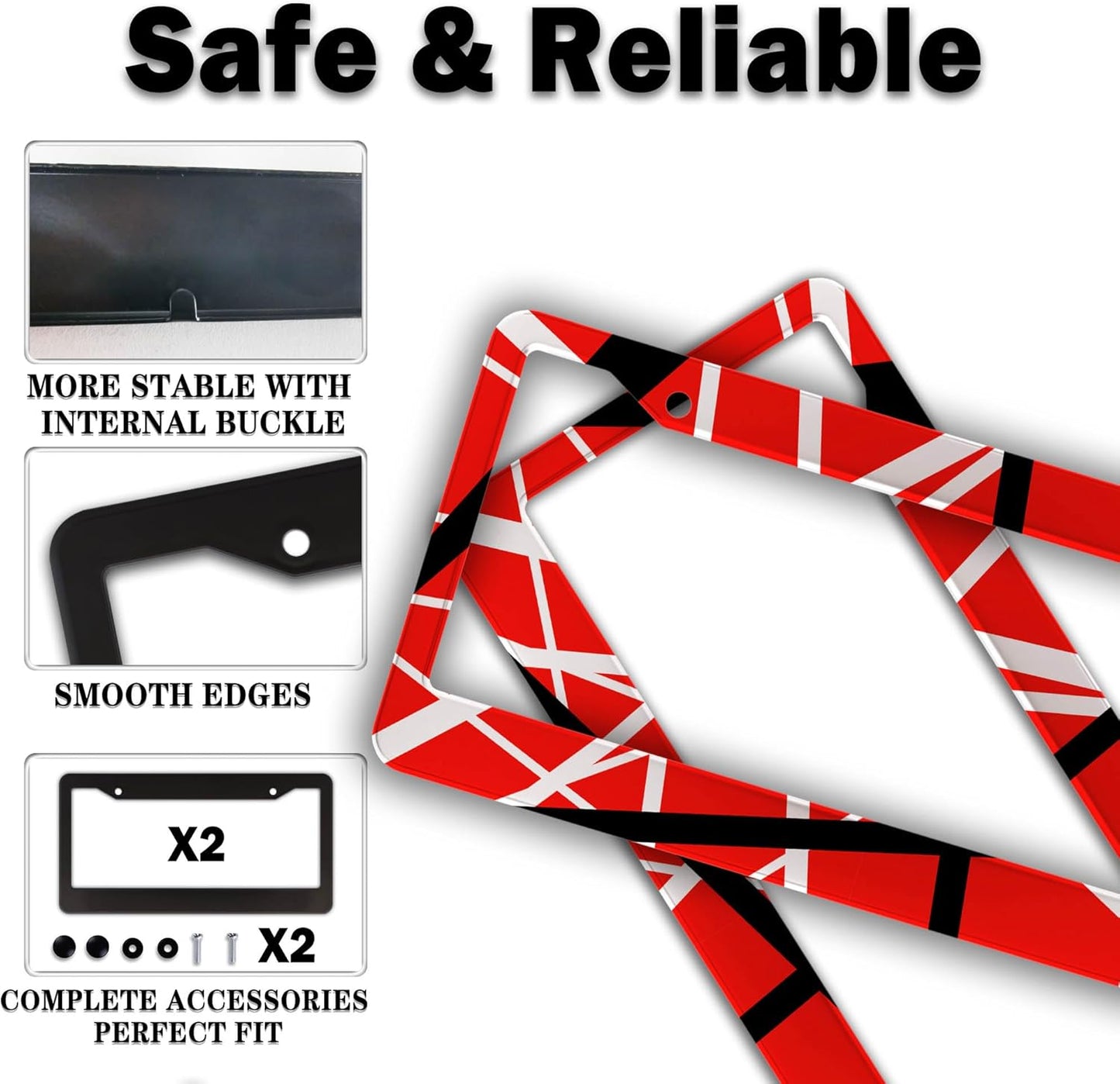 Automotive Exterior Accessories Red, Black, White License Plate Frames Rock Guitarist Red Black White Stripes Aluminum Metal Car Accessory 2 Pack with Screw Covers Set