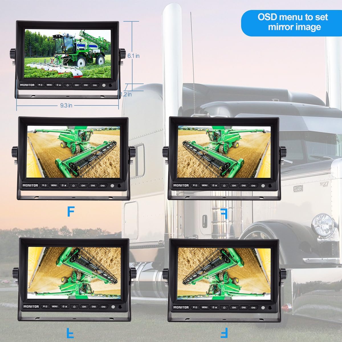 AHD 1080P, 9" Wired Monitor Rear View Reverse Backup Night Vision Camera System, Waterproof IP 69k Camera for Agriculture Farm Tractor, Truck, Forklift, Heavy Equipment, Excavator, Skid Steer